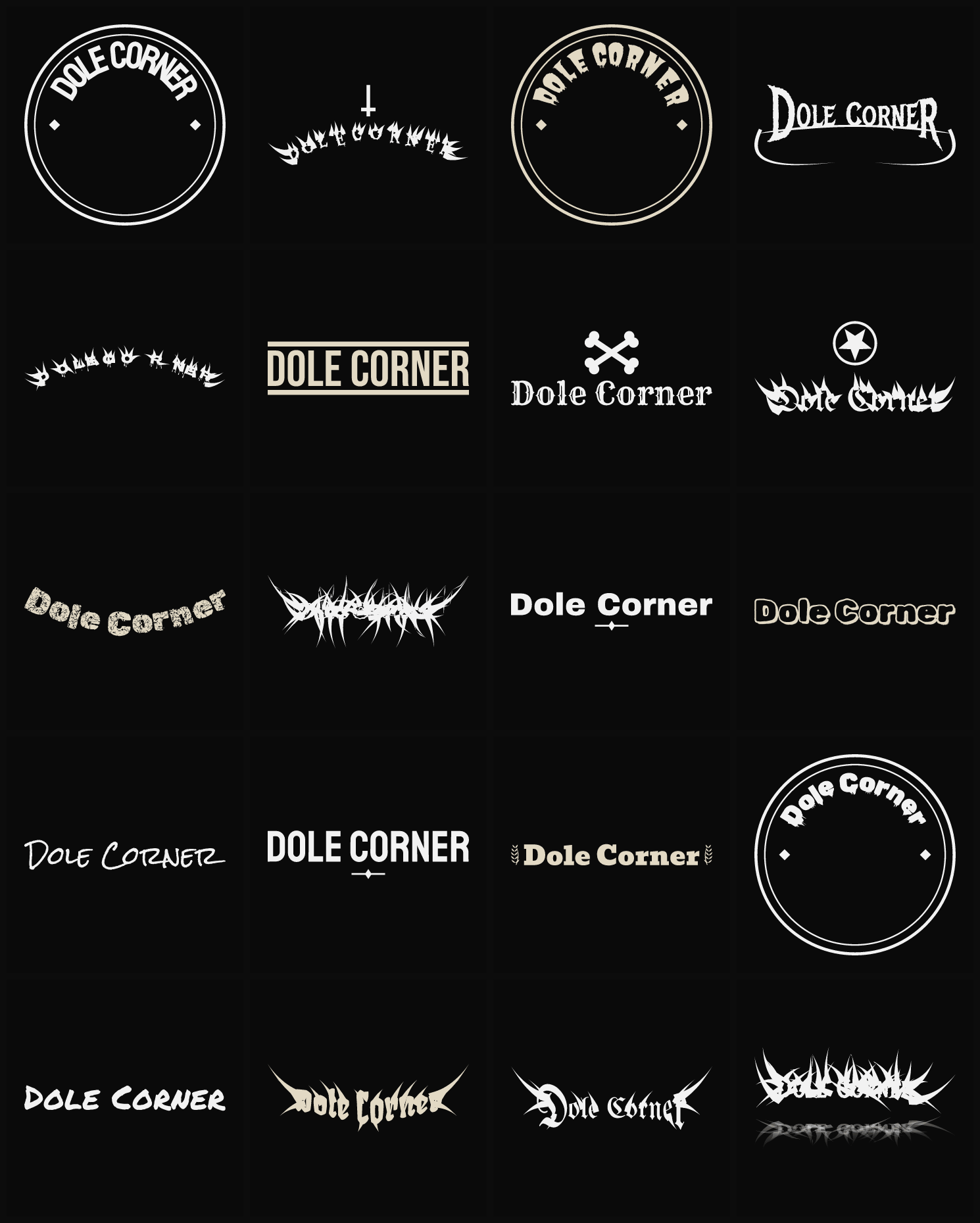 Twenty Dole Corner band logo ideas — different faces, treatments and spike settings
