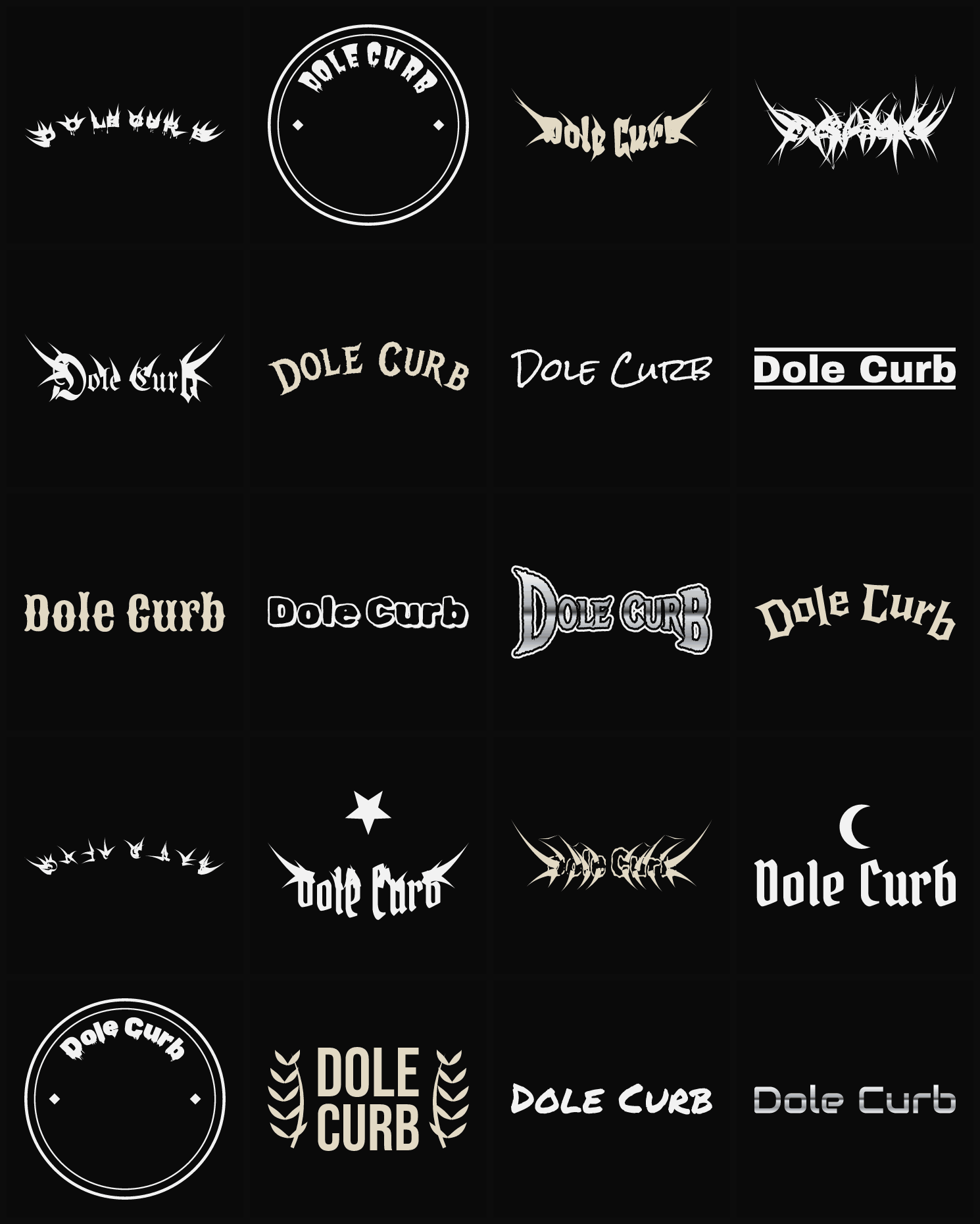 Twenty Dole Curb band logo ideas — different faces, treatments and spike settings