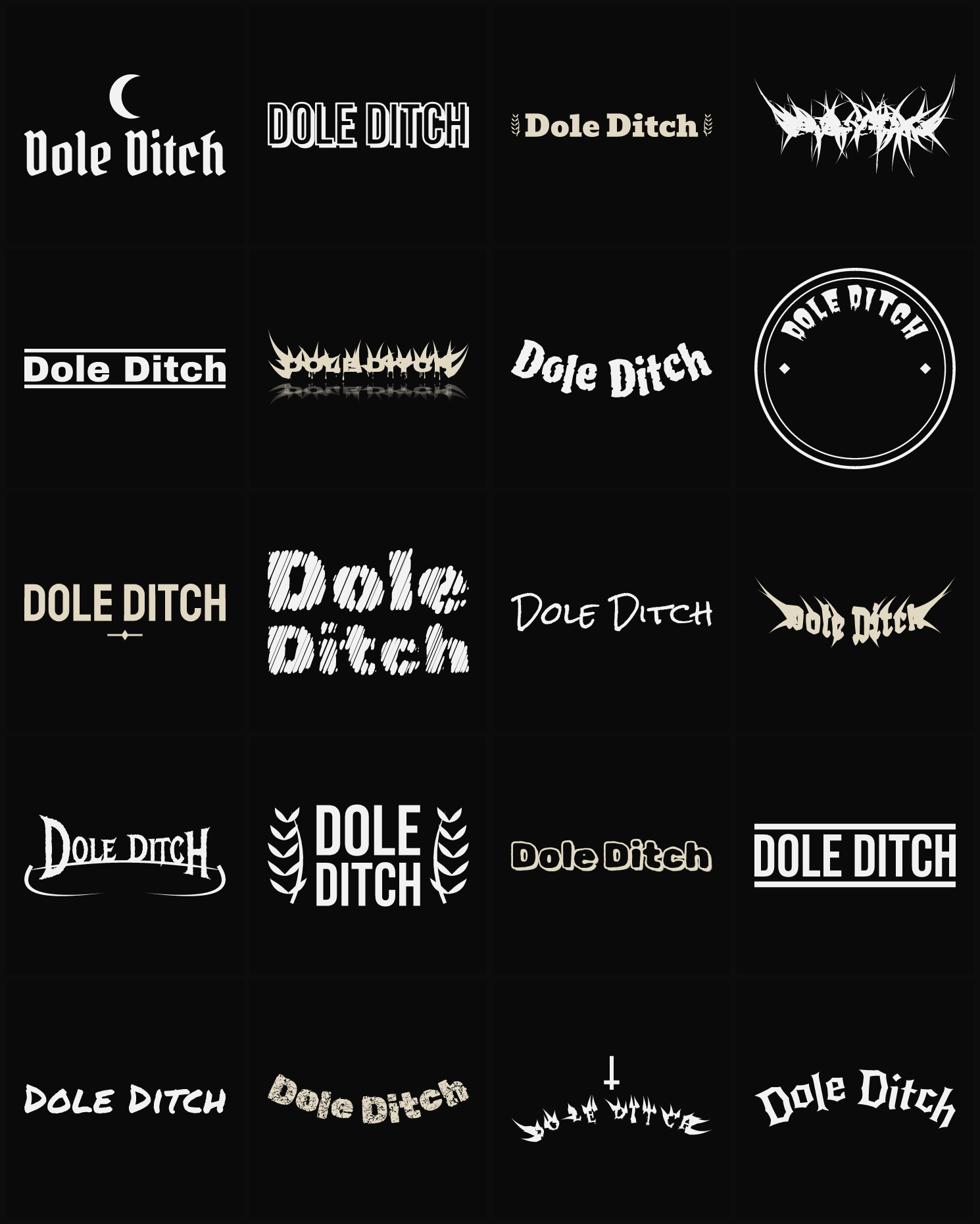 Twenty Dole Ditch band logo ideas — different faces, treatments and spike settings