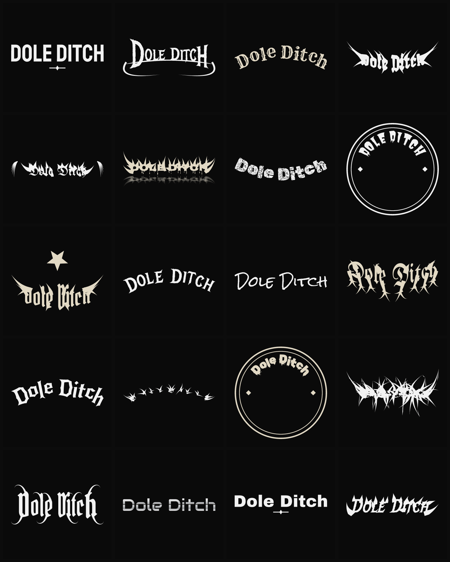 Twenty Dole Ditch band logo ideas — different faces, treatments and spike settings