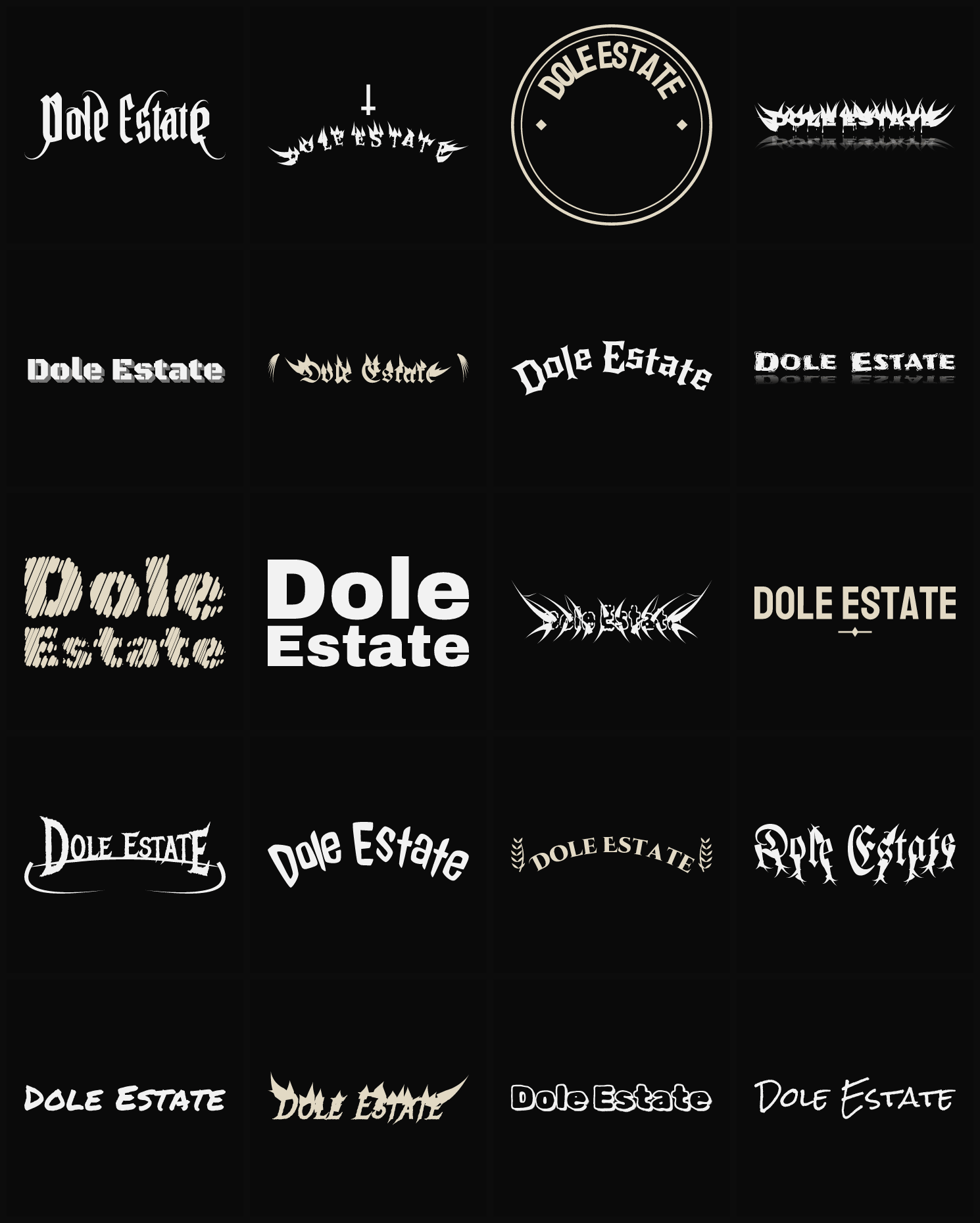 Twenty Dole Estate band logo ideas — different faces, treatments and spike settings