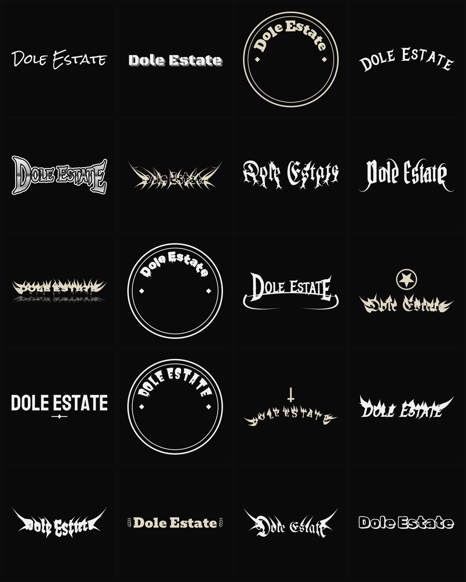 Twenty Dole Estate band logo ideas — different faces, treatments and spike settings