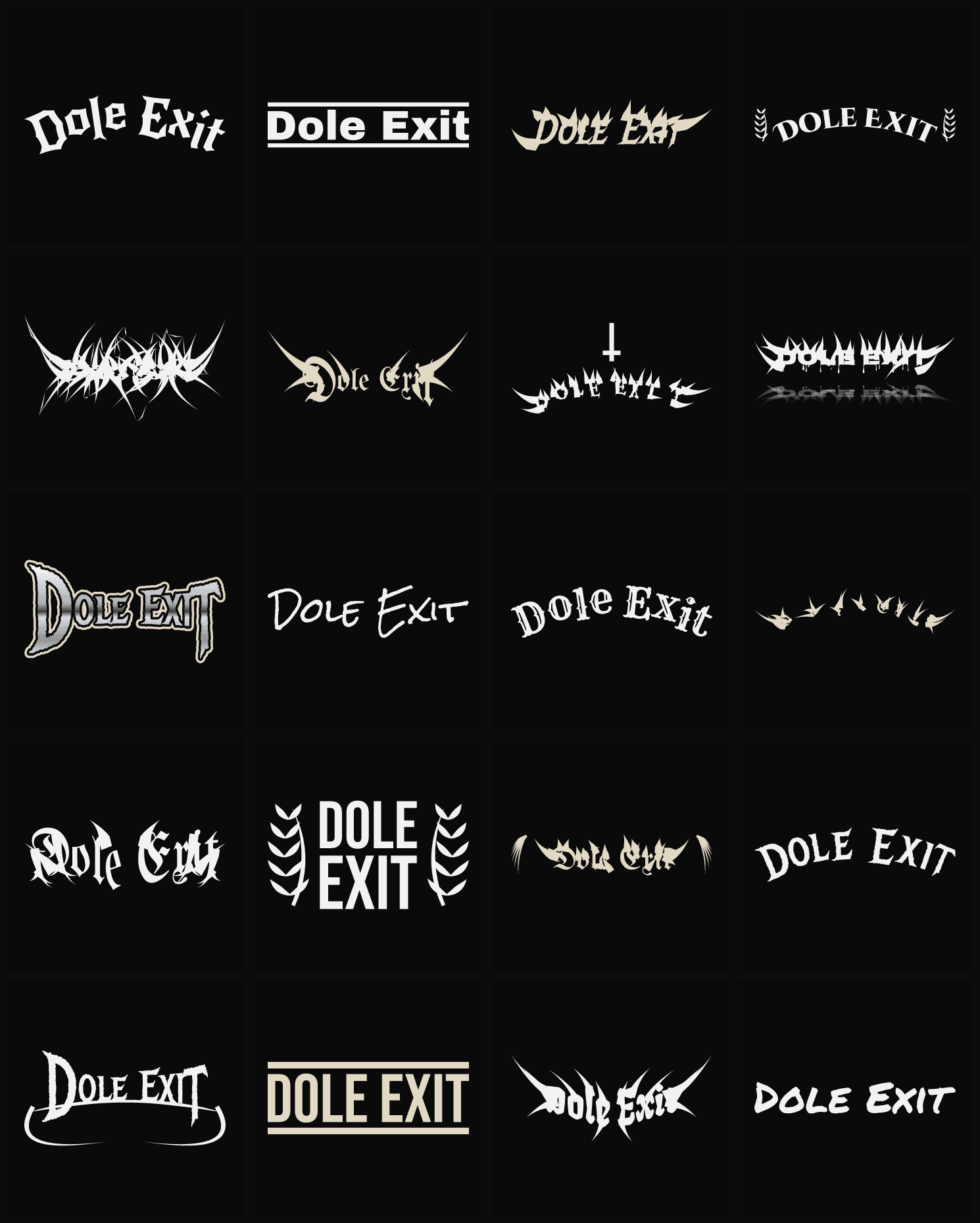 Twenty Dole Exit band logo ideas — different faces, treatments and spike settings