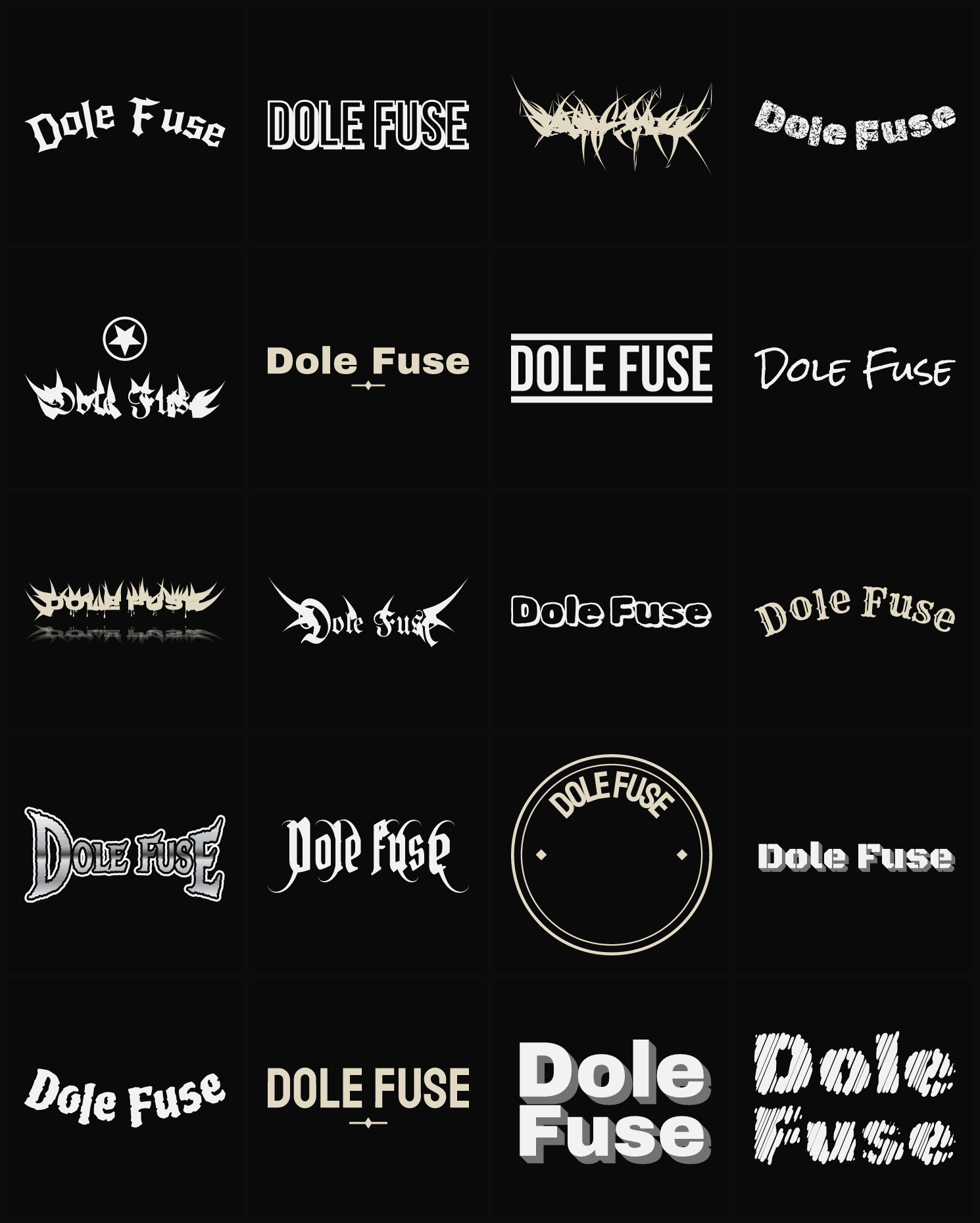 Twenty Dole Fuse band logo ideas — different faces, treatments and spike settings