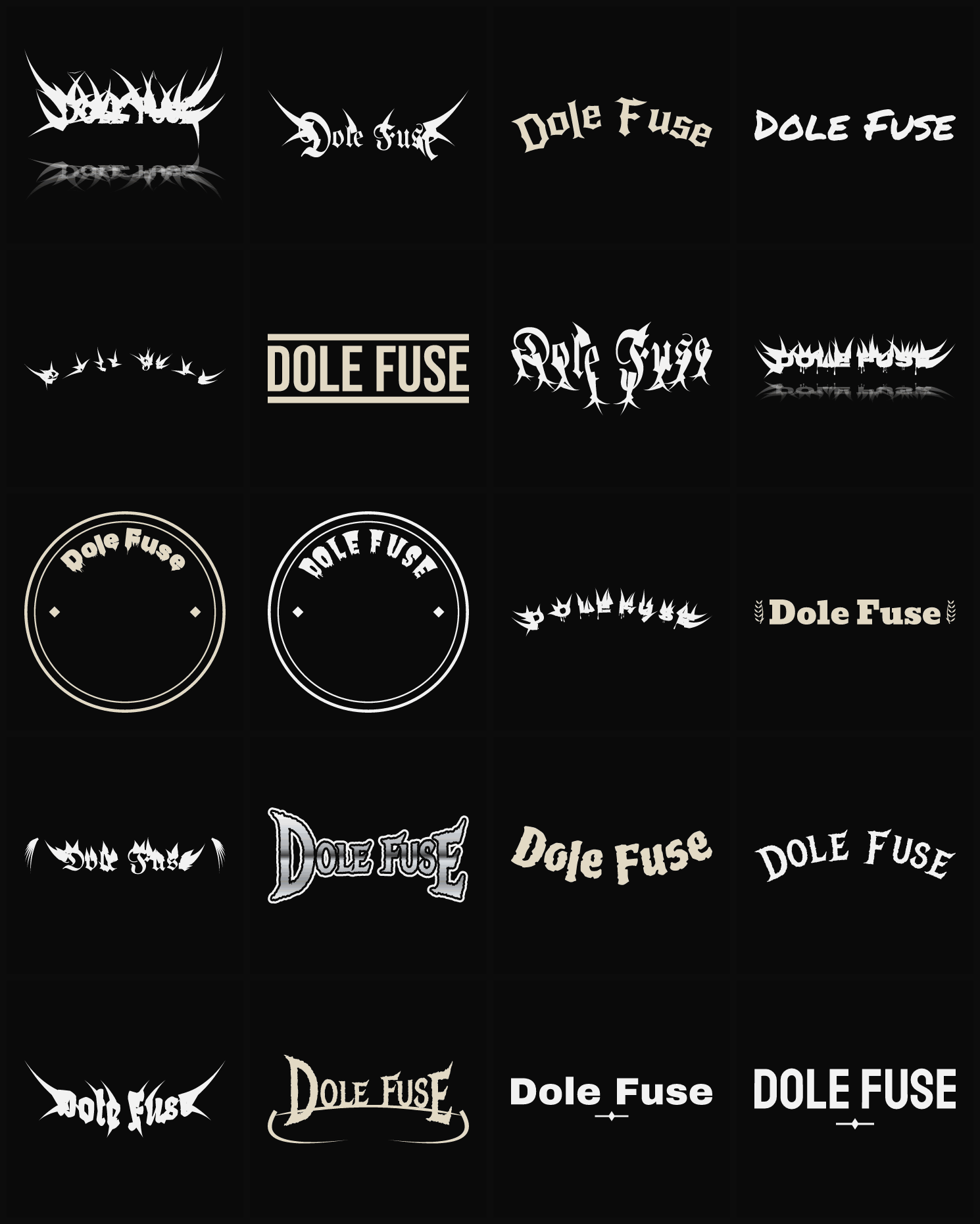 Twenty Dole Fuse band logo ideas — different faces, treatments and spike settings