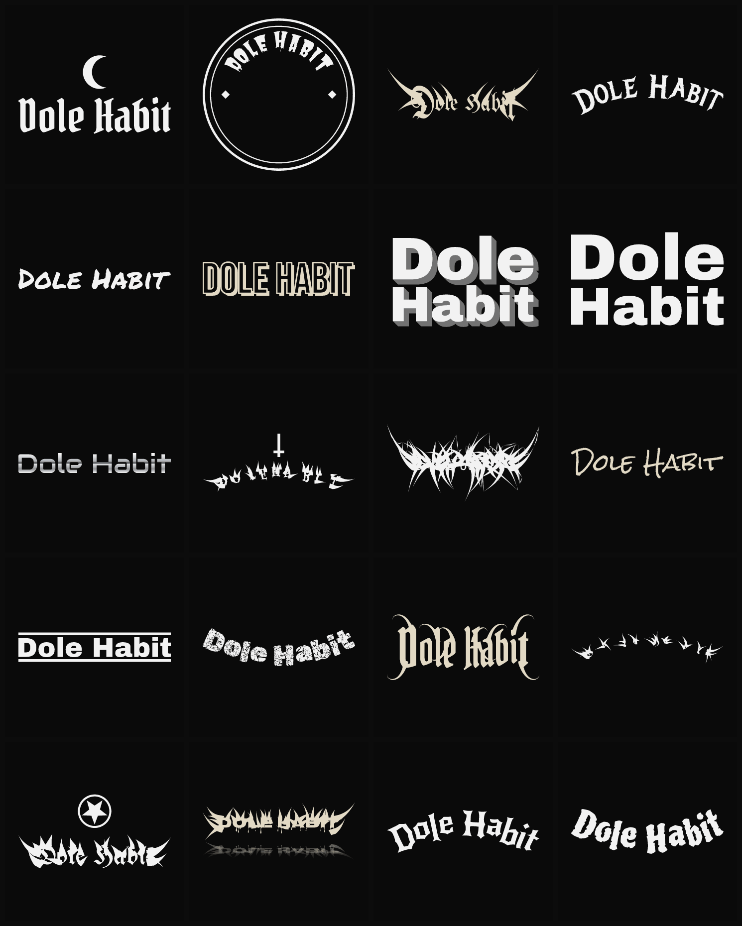 Twenty Dole Habit band logo ideas — different faces, treatments and spike settings