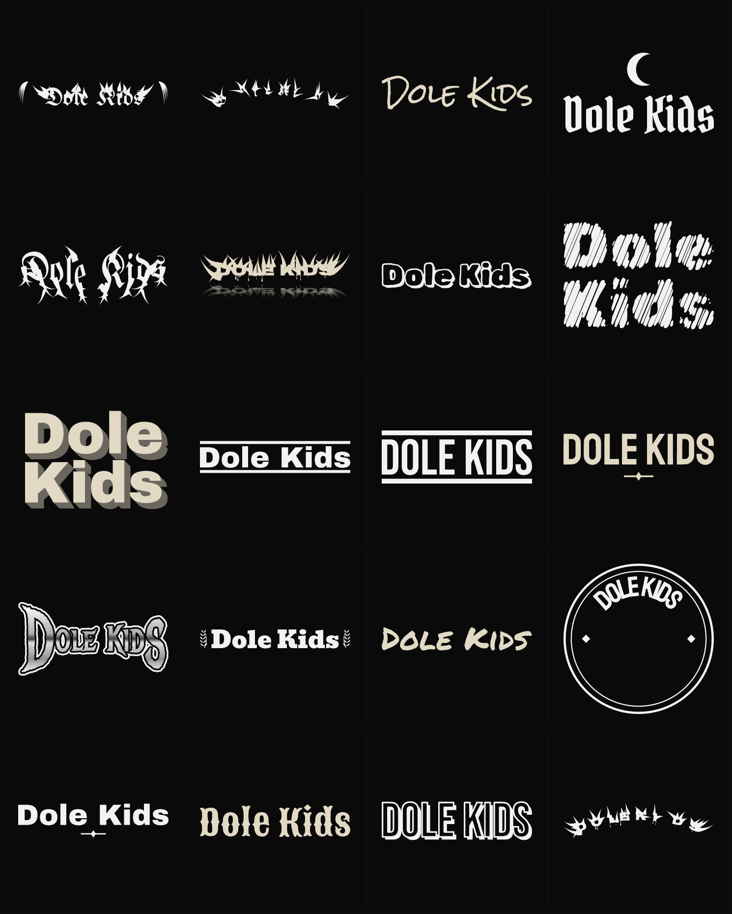 Twenty Dole Kids band logo ideas — different faces, treatments and spike settings