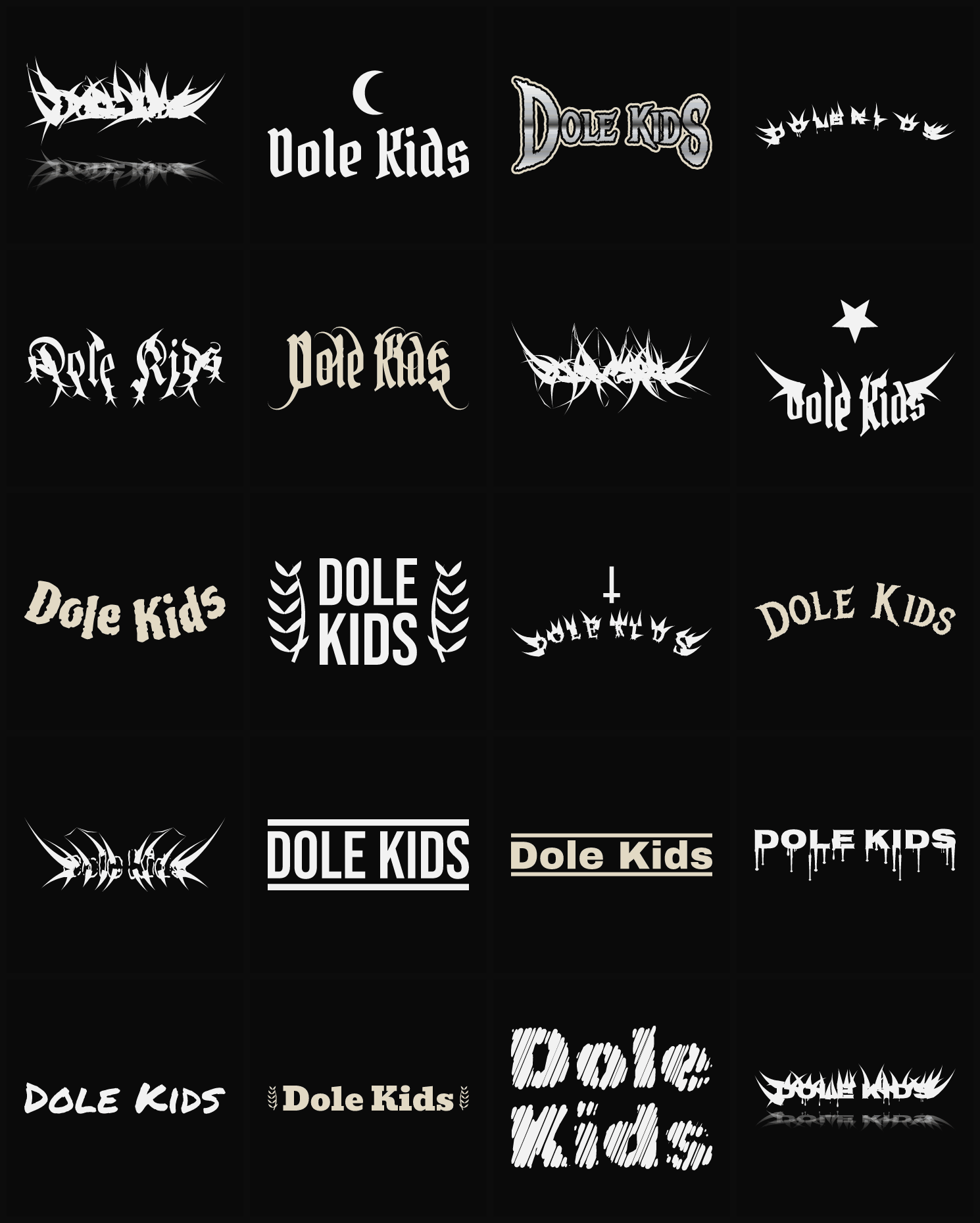 Twenty Dole Kids band logo ideas — different faces, treatments and spike settings