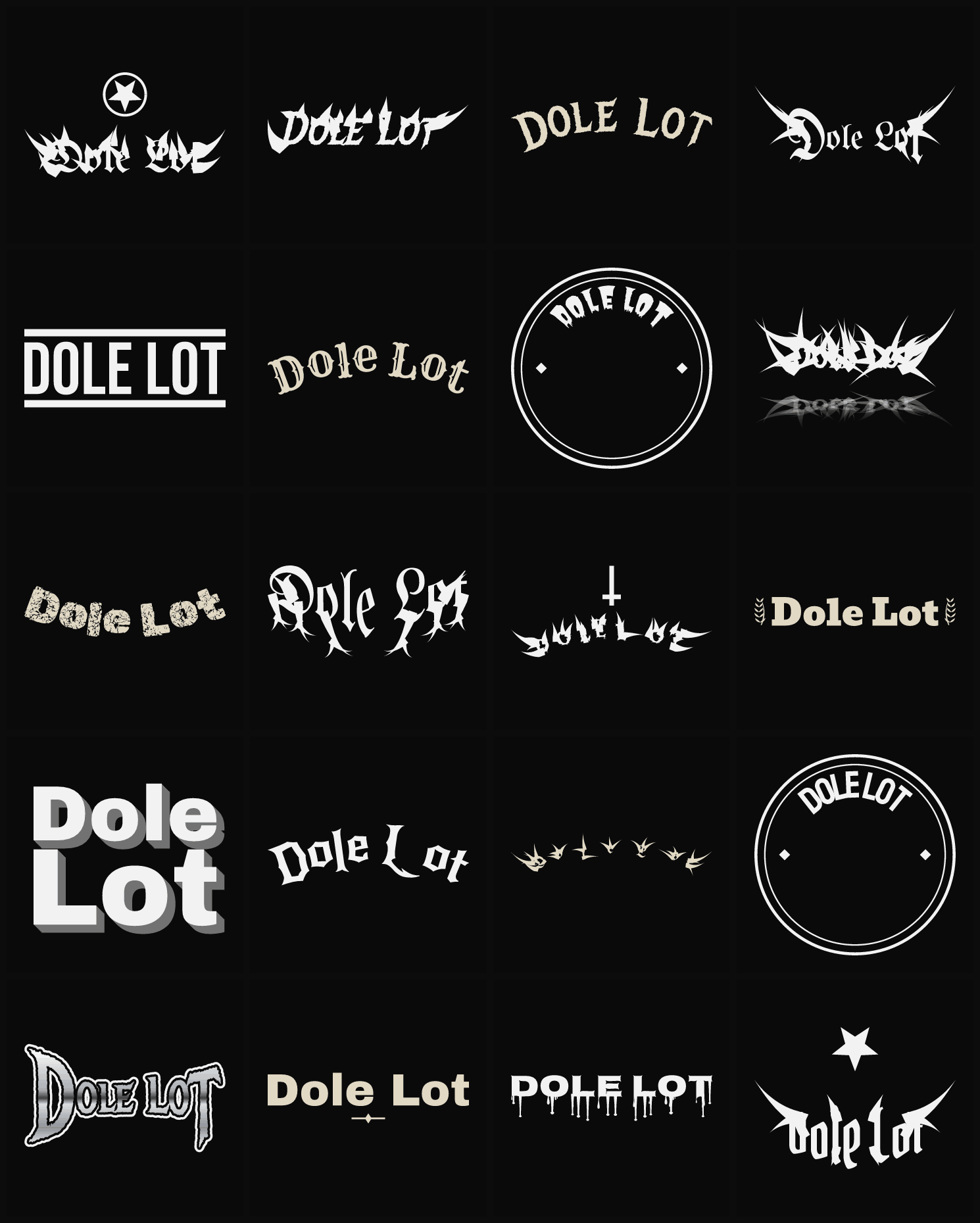 Twenty Dole Lot band logo ideas — different faces, treatments and spike settings