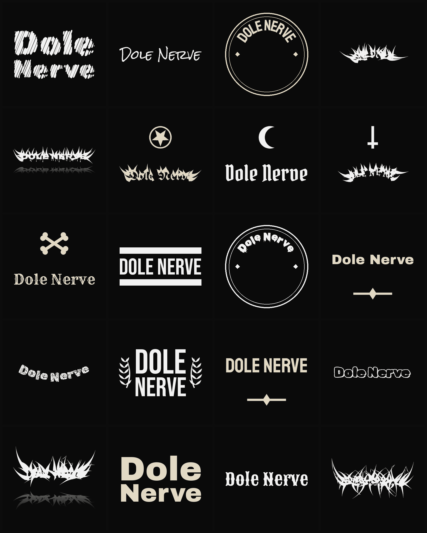 Twenty Dole Nerve band logo ideas — different faces, treatments and spike settings