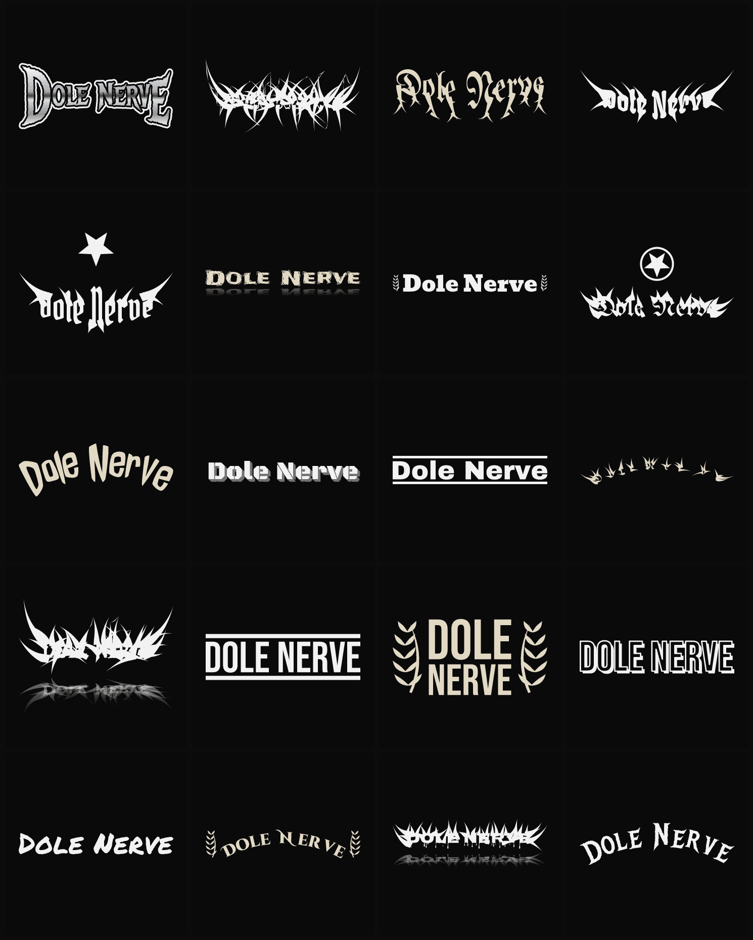 Twenty Dole Nerve band logo ideas — different faces, treatments and spike settings