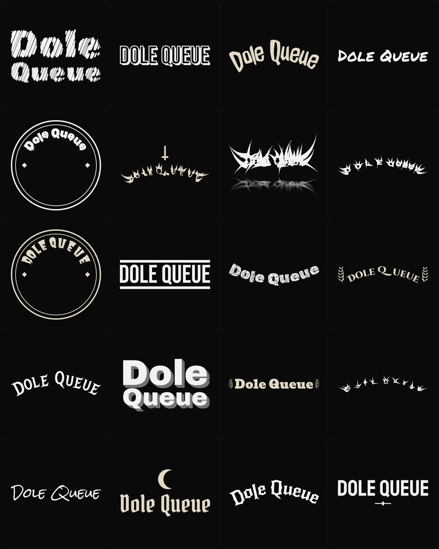 Twenty Dole Queue band logo ideas — different faces, treatments and spike settings