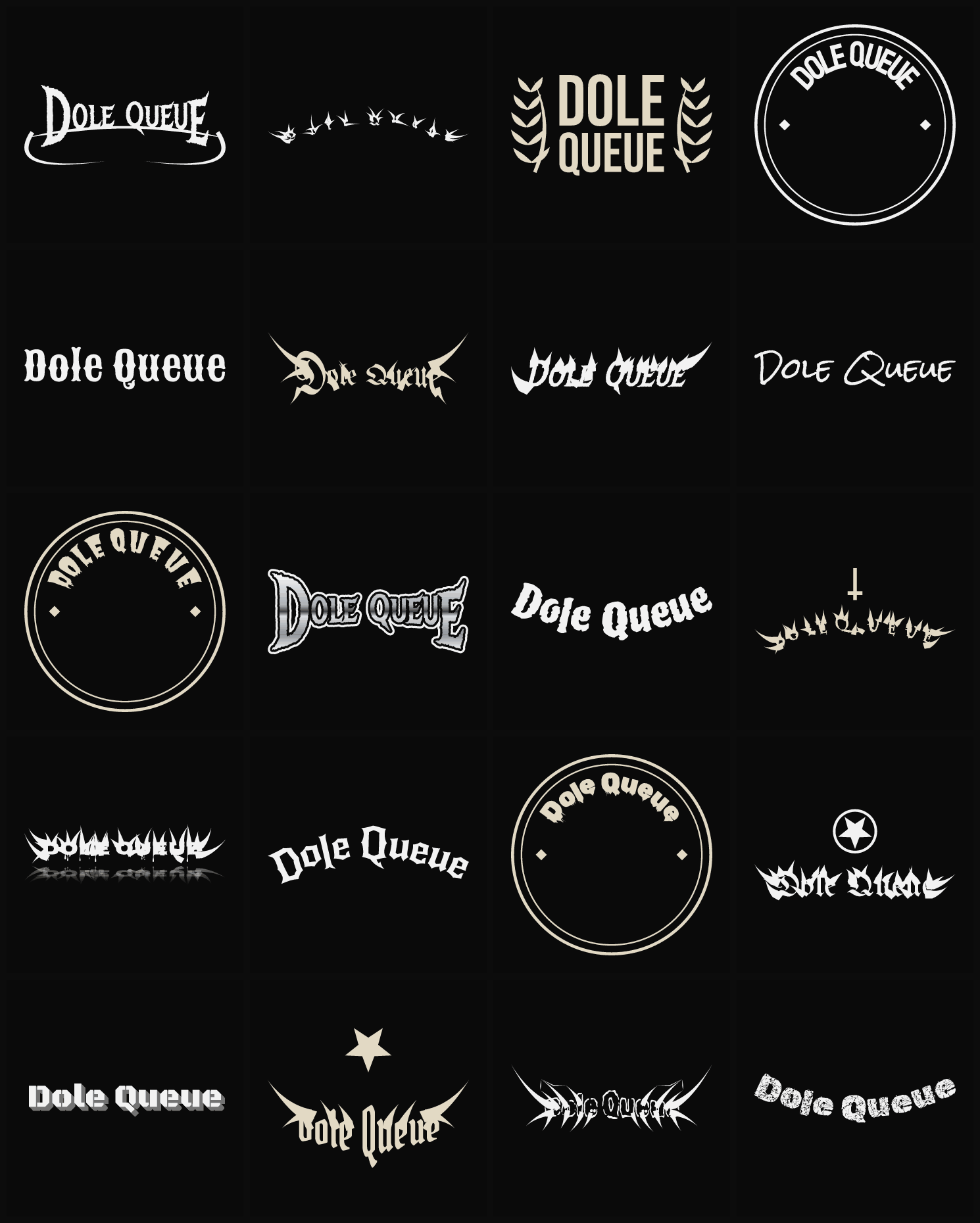Twenty Dole Queue band logo ideas — different faces, treatments and spike settings
