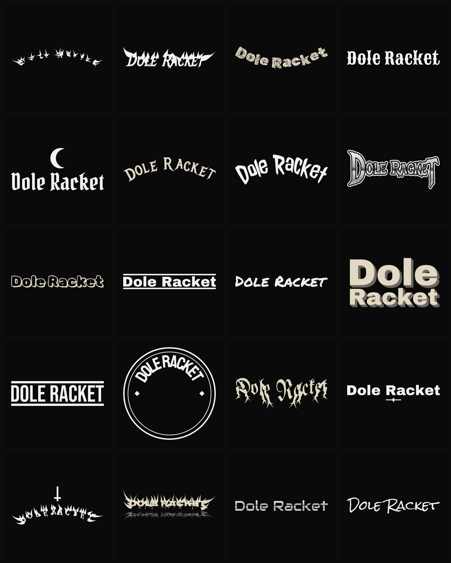 Twenty Dole Racket band logo ideas — different faces, treatments and spike settings