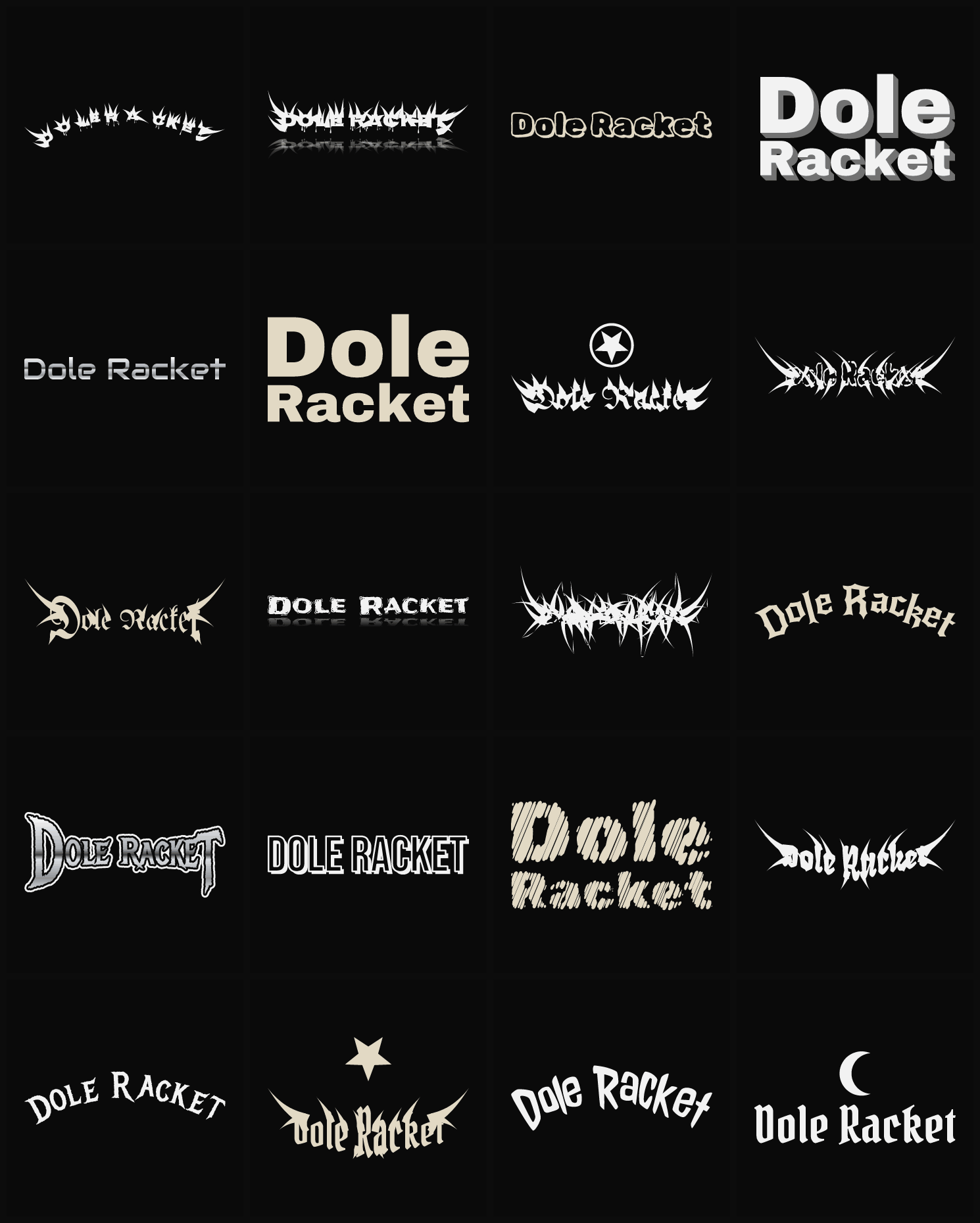 Twenty Dole Racket band logo ideas — different faces, treatments and spike settings
