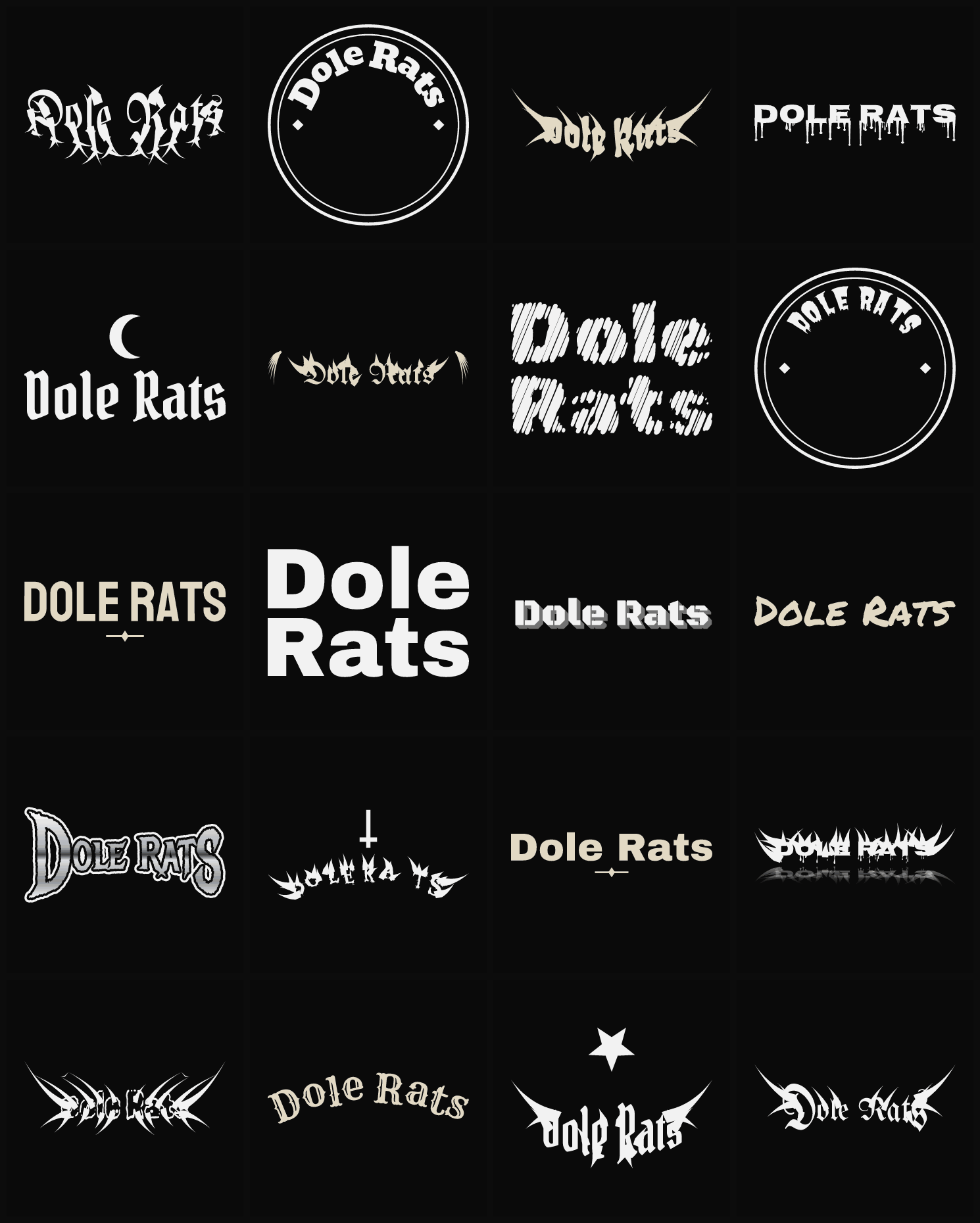Twenty Dole Rats band logo ideas — different faces, treatments and spike settings