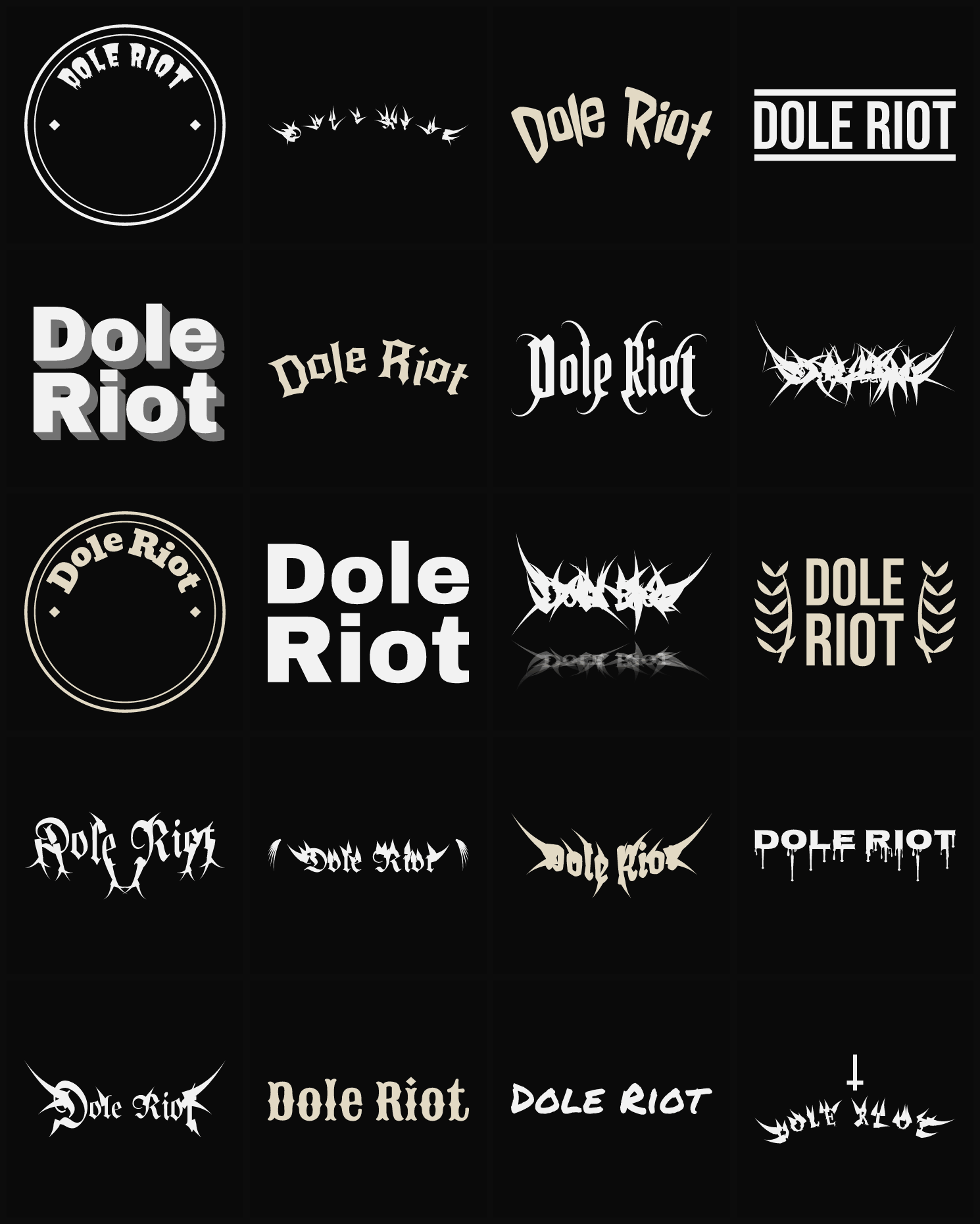 Twenty Dole Riot band logo ideas — different faces, treatments and spike settings