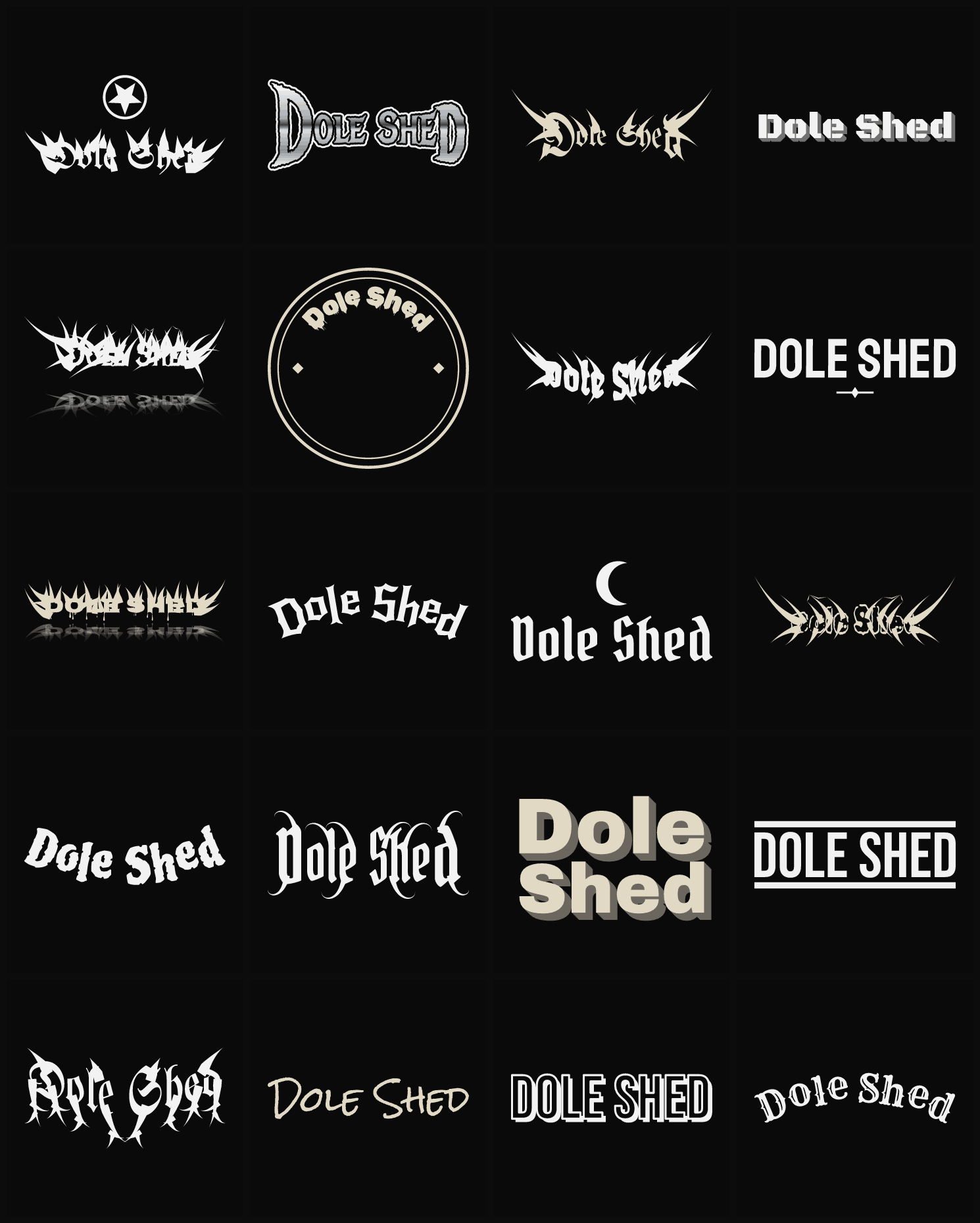 Twenty Dole Shed band logo ideas — different faces, treatments and spike settings