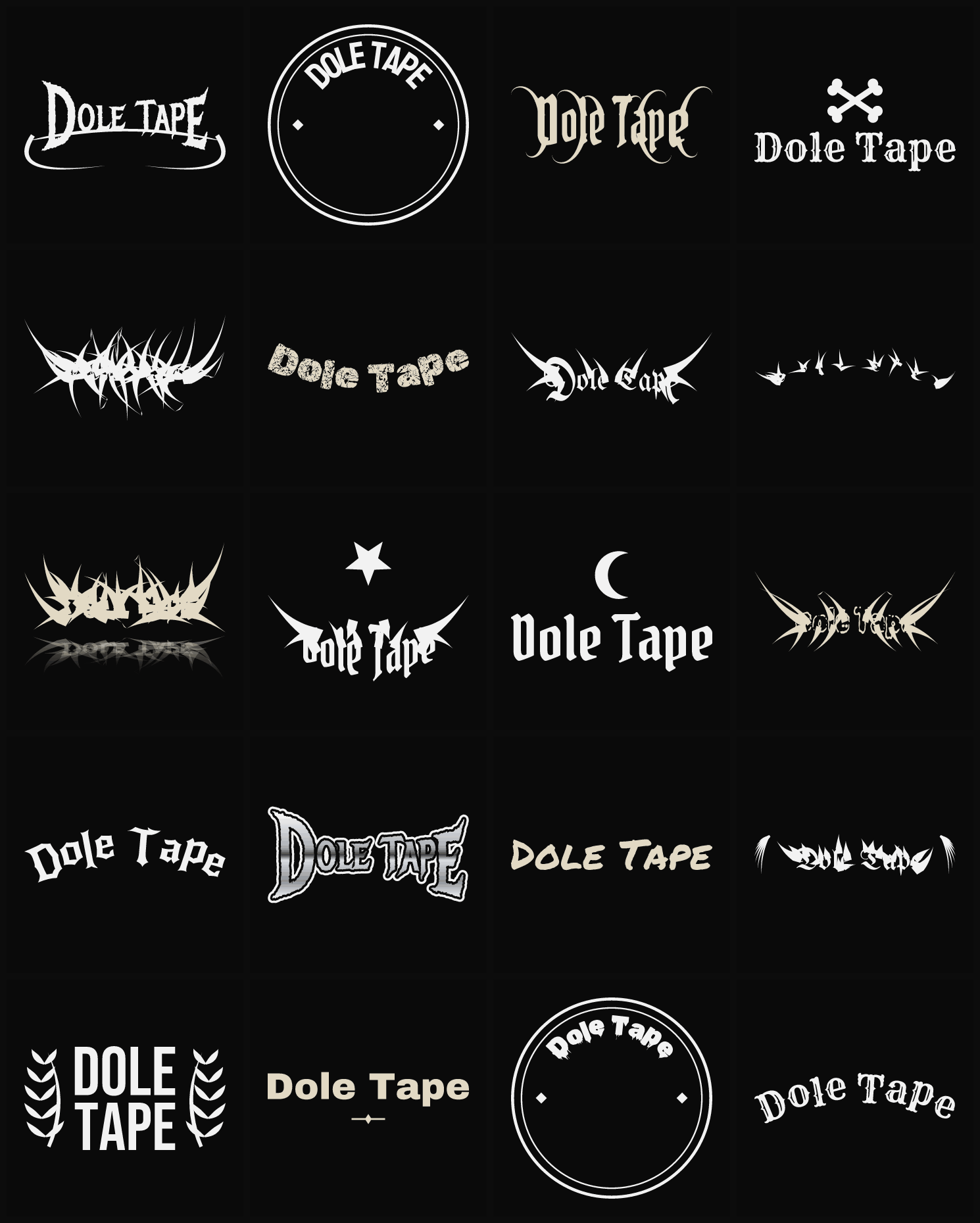Twenty Dole Tape band logo ideas — different faces, treatments and spike settings
