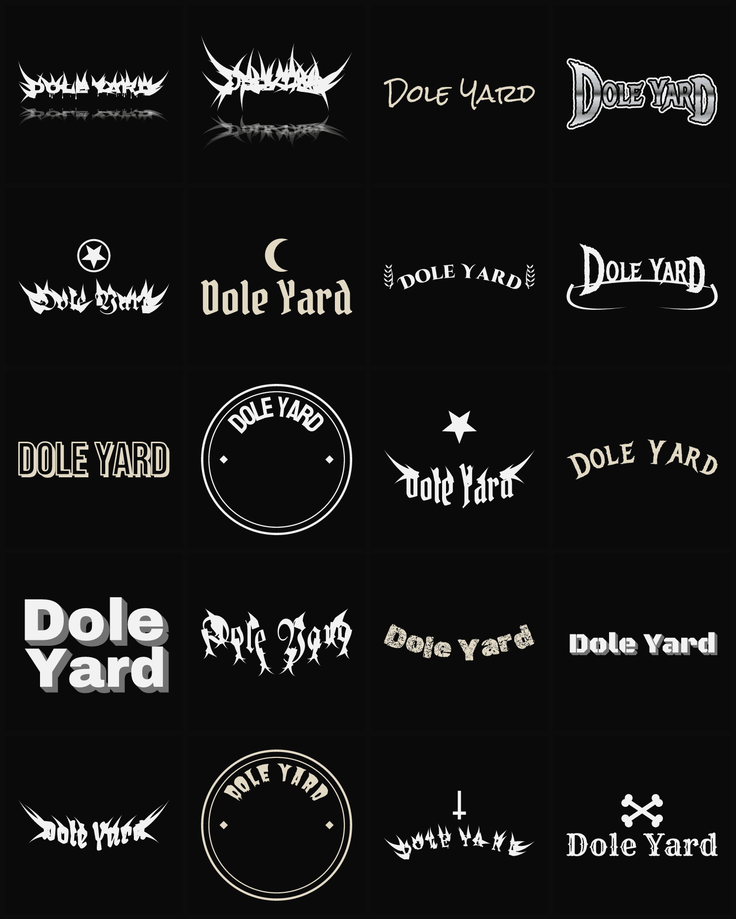 Twenty Dole Yard band logo ideas — different faces, treatments and spike settings