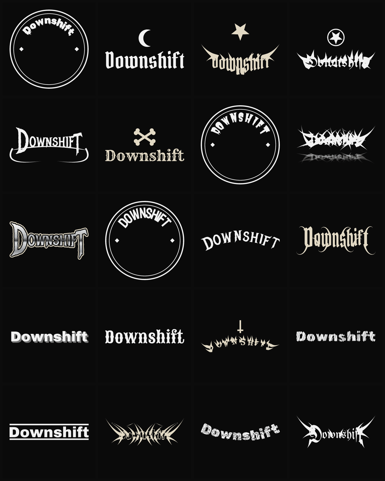 Twenty Downshift band logo ideas — different faces, treatments and spike settings