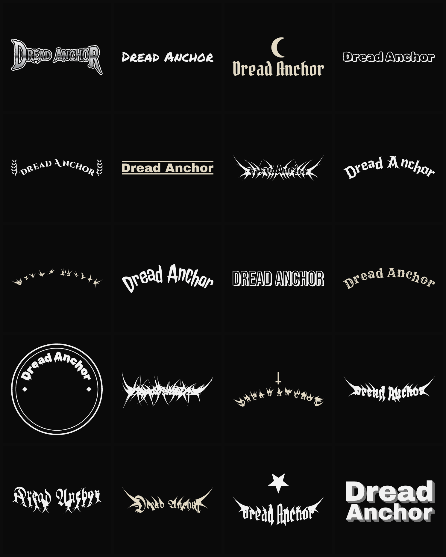 Twenty Dread Anchor band logo ideas — different faces, treatments and spike settings