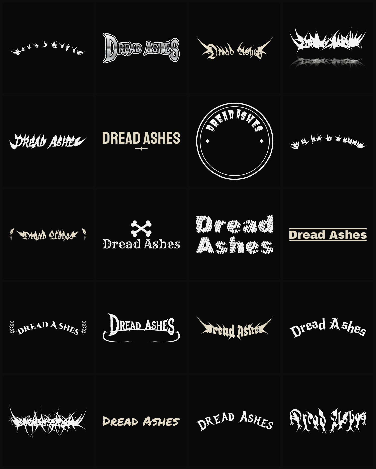 Twenty Dread Ashes band logo ideas — different faces, treatments and spike settings