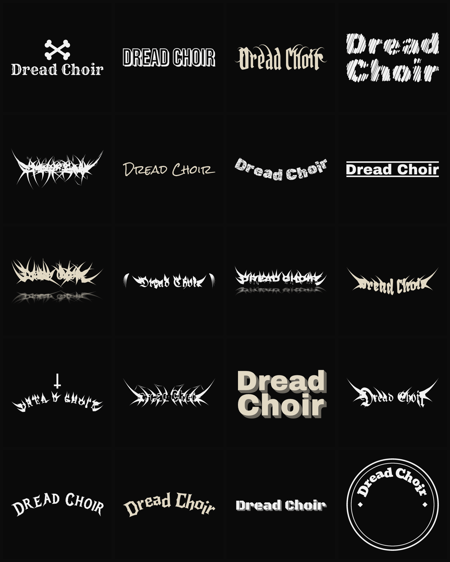 Twenty Dread Choir band logo ideas — different faces, treatments and spike settings