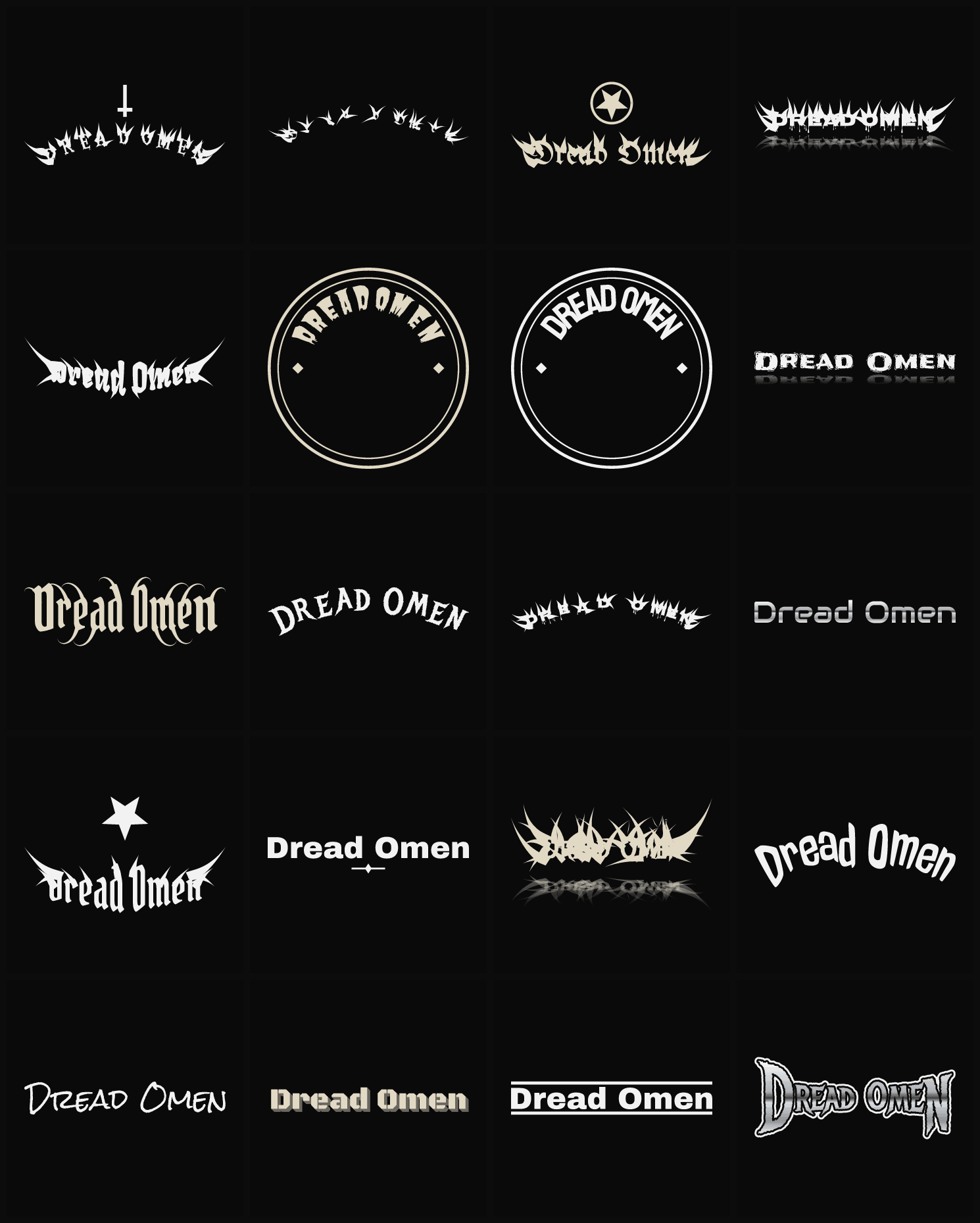 Twenty Dread Omen band logo ideas — different faces, treatments and spike settings