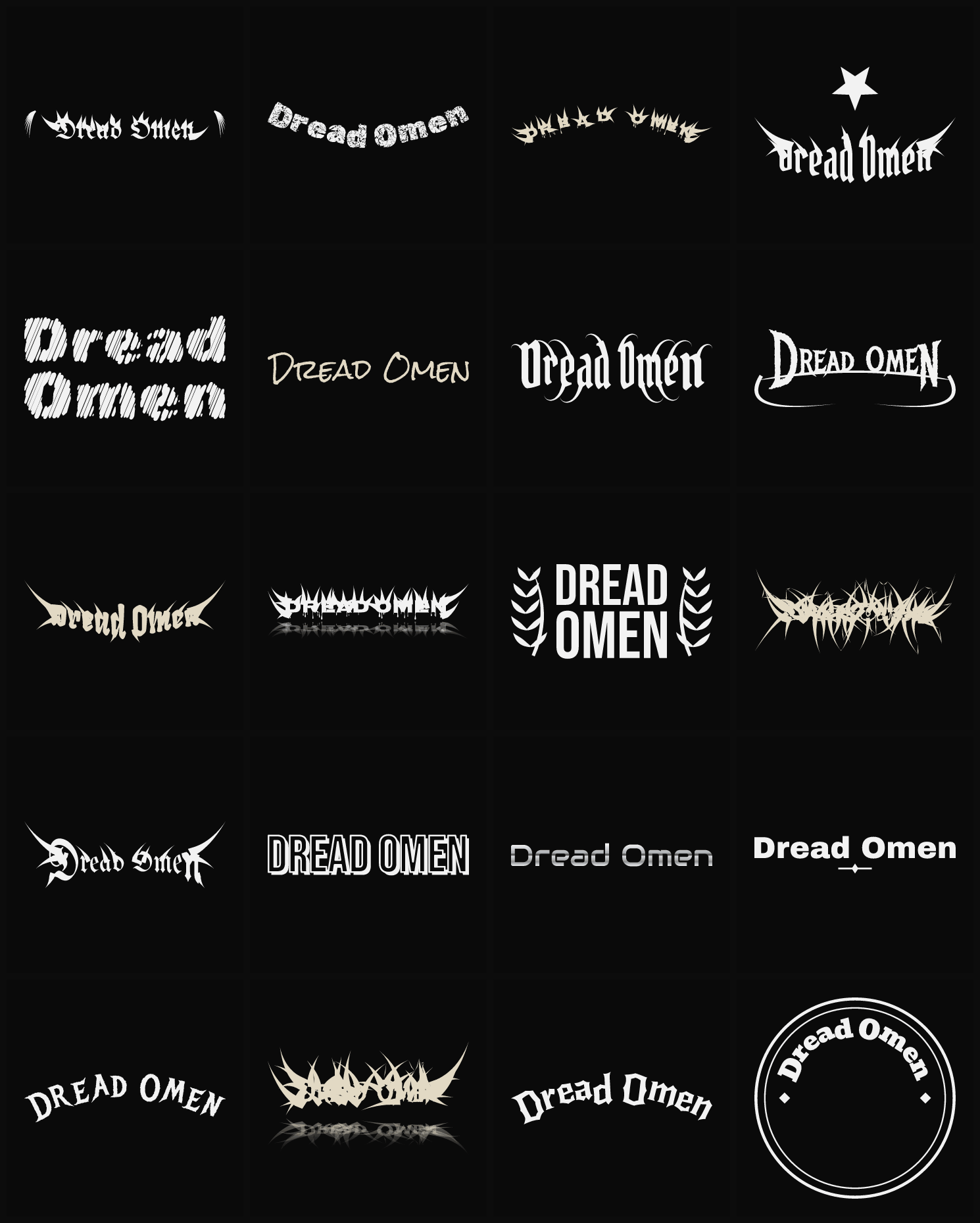Twenty Dread Omen band logo ideas — different faces, treatments and spike settings