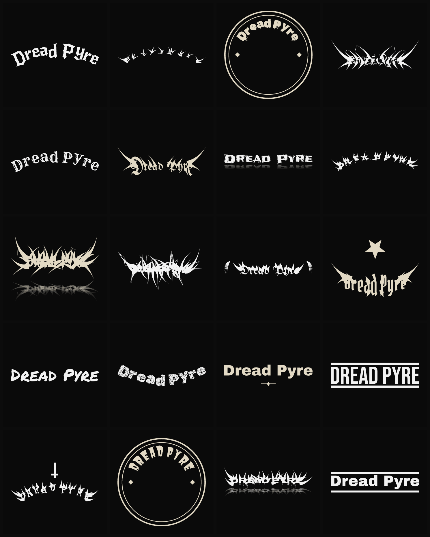 Twenty Dread Pyre band logo ideas — different faces, treatments and spike settings
