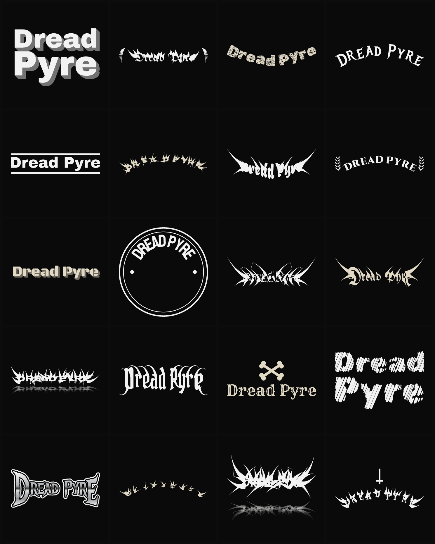 Twenty Dread Pyre band logo ideas — different faces, treatments and spike settings