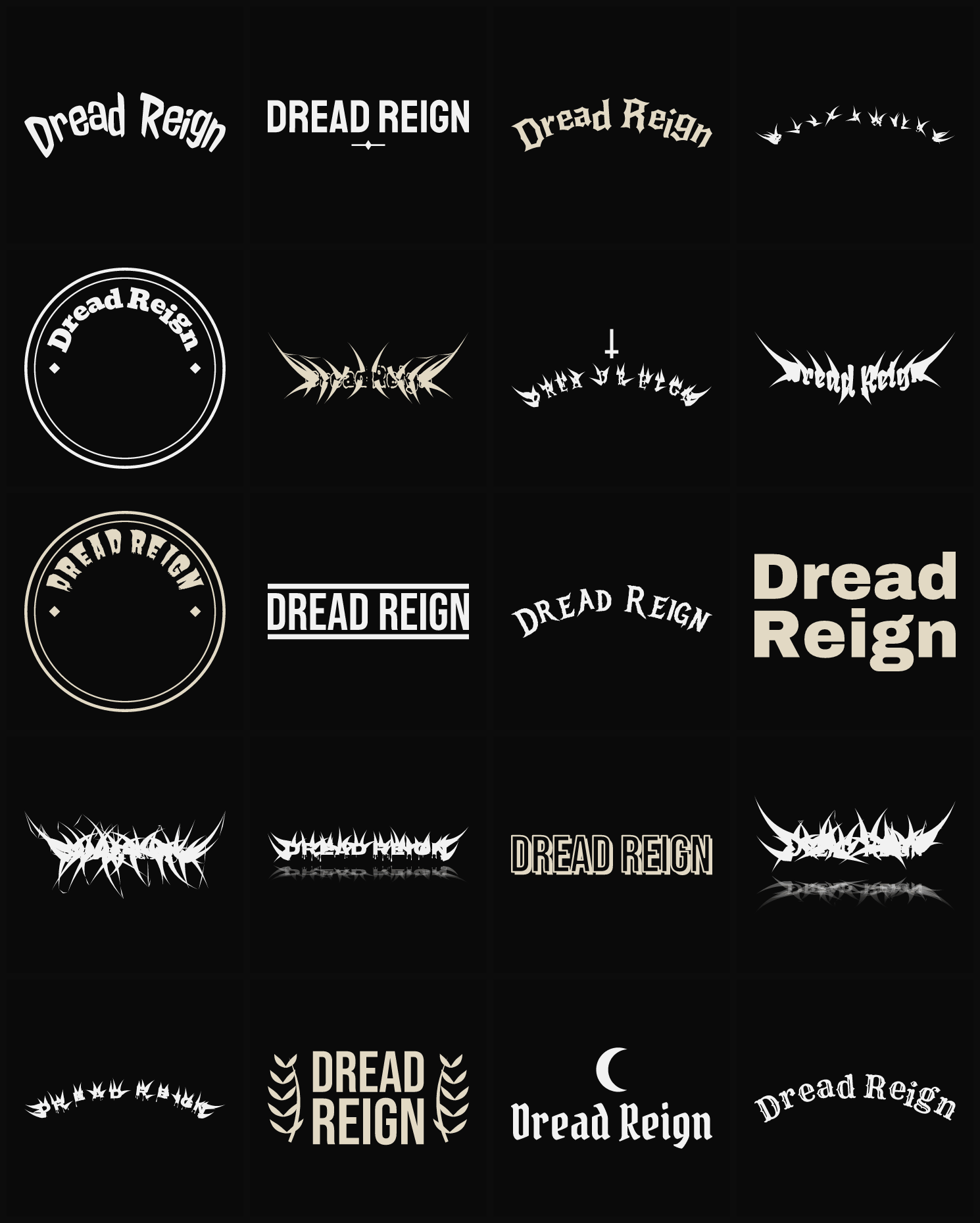 Twenty Dread Reign band logo ideas — different faces, treatments and spike settings