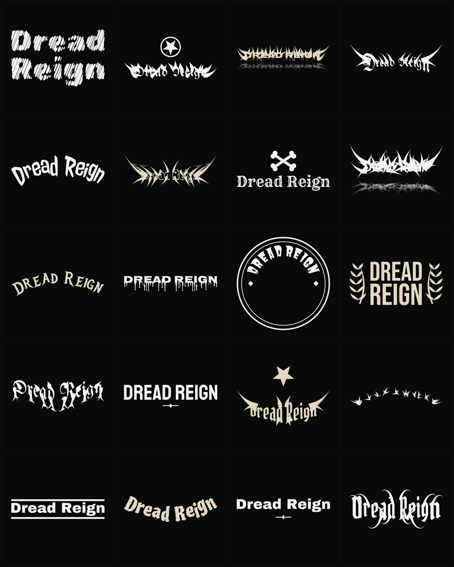 Twenty Dread Reign band logo ideas — different faces, treatments and spike settings