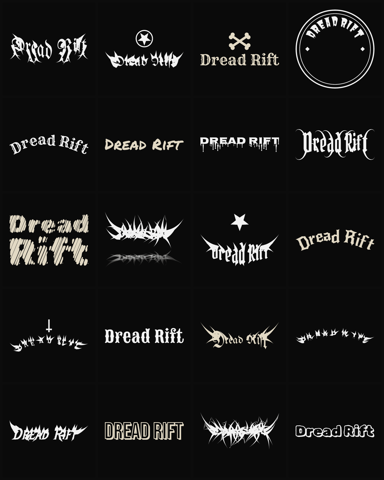 Twenty Dread Rift band logo ideas — different faces, treatments and spike settings