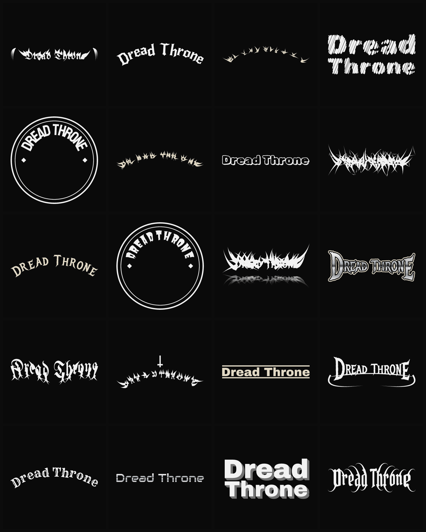 Twenty Dread Throne band logo ideas — different faces, treatments and spike settings