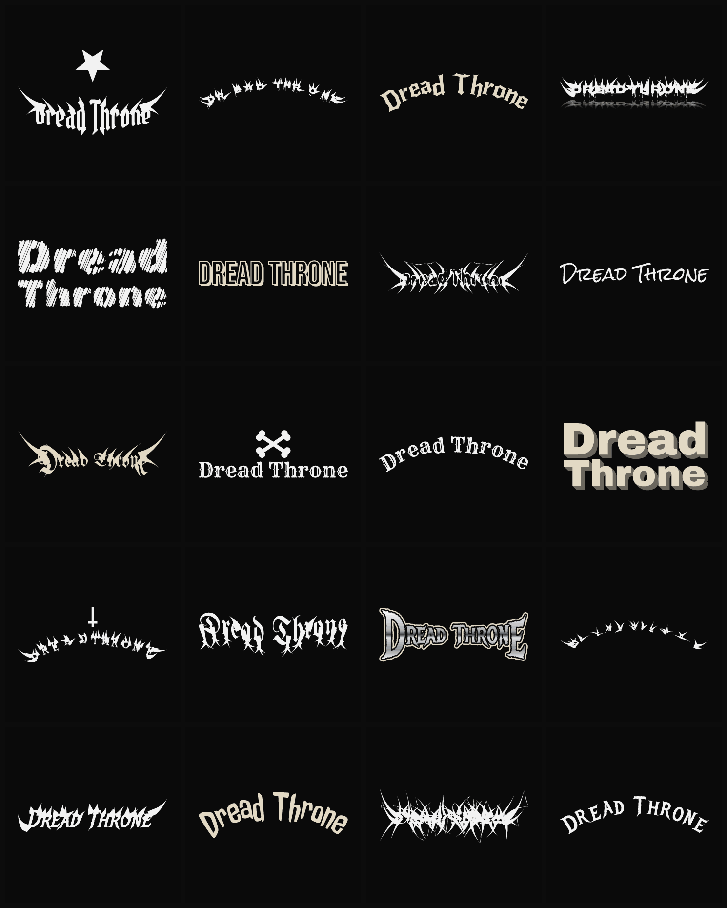 Twenty Dread Throne band logo ideas — different faces, treatments and spike settings