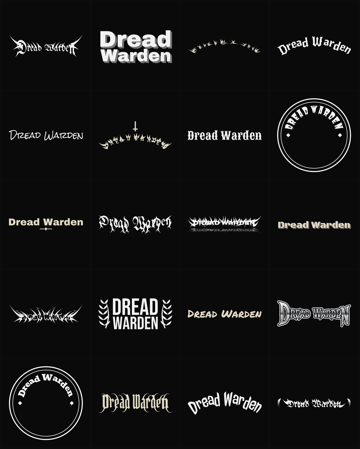 Twenty Dread Warden band logo ideas — different faces, treatments and spike settings