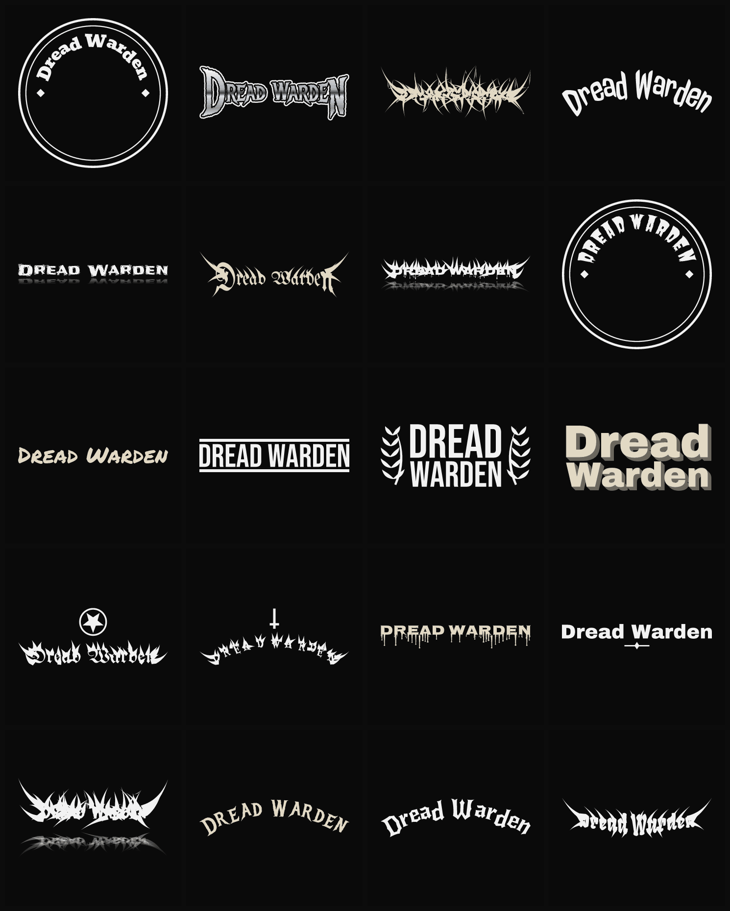 Twenty Dread Warden band logo ideas — different faces, treatments and spike settings