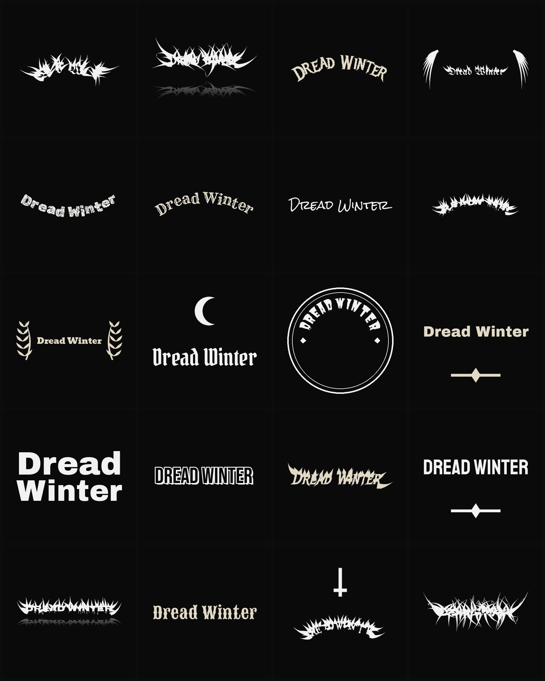Twenty Dread Winter band logo ideas — different faces, treatments and spike settings