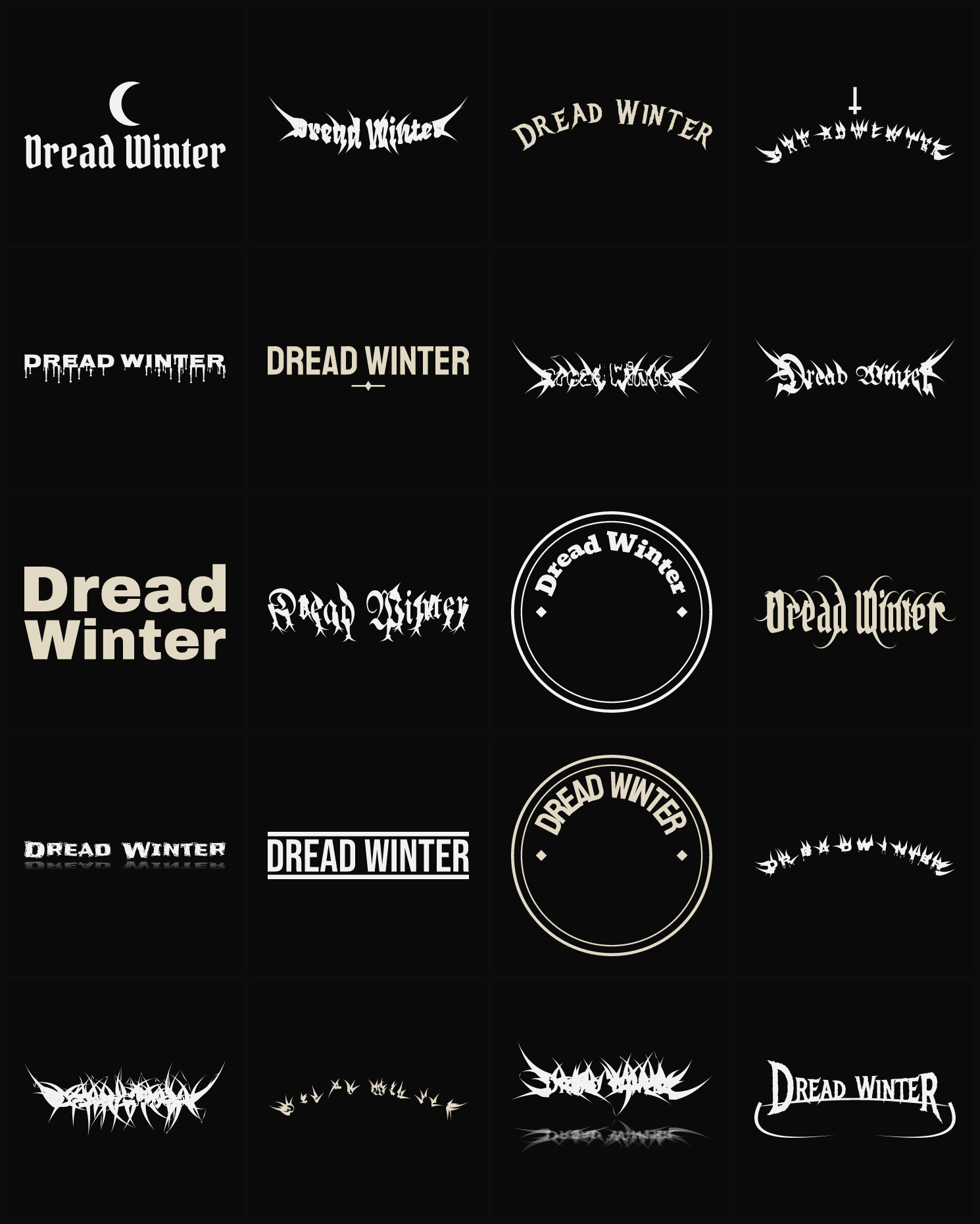 Twenty Dread Winter band logo ideas — different faces, treatments and spike settings