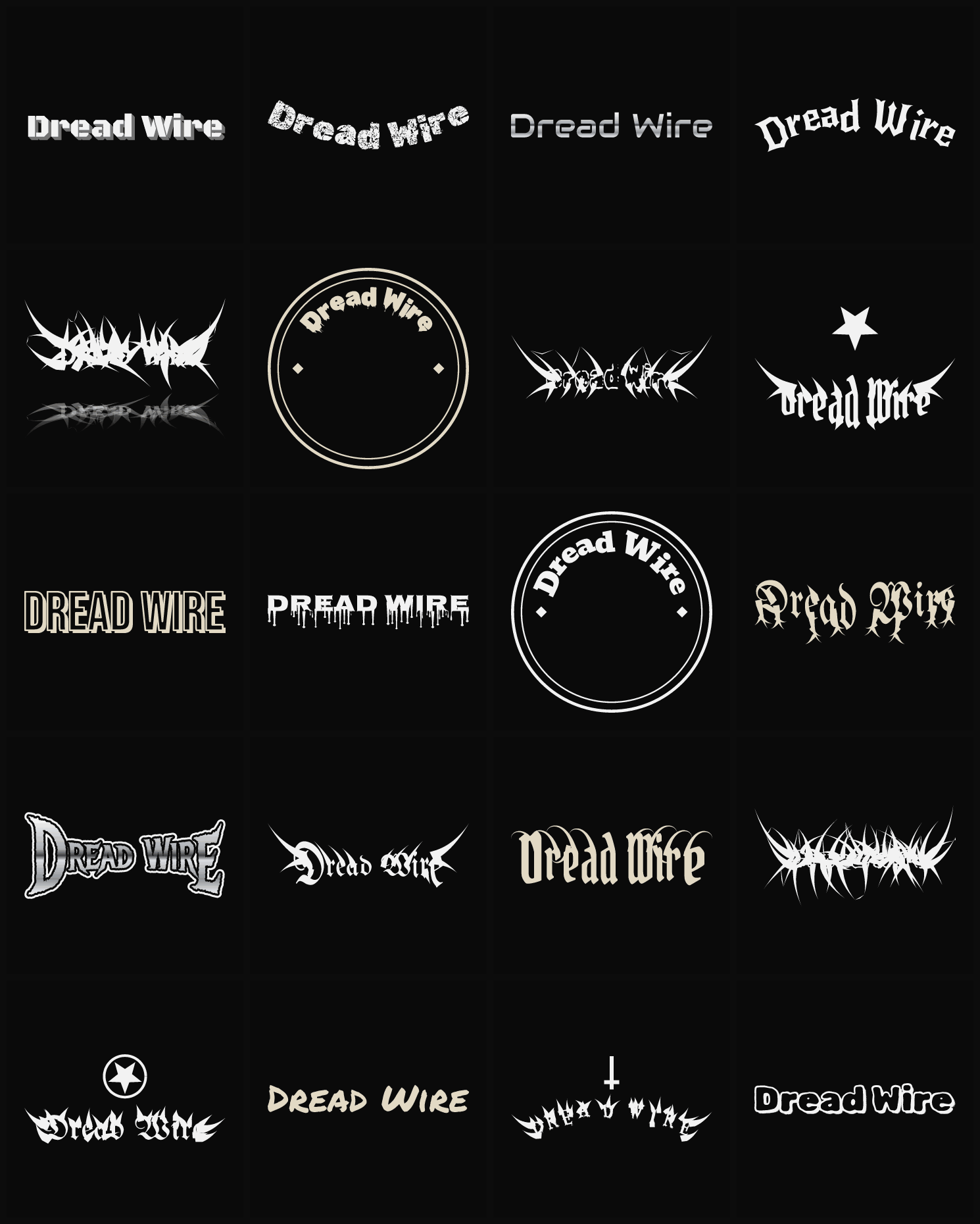 Twenty Dread Wire band logo ideas — different faces, treatments and spike settings