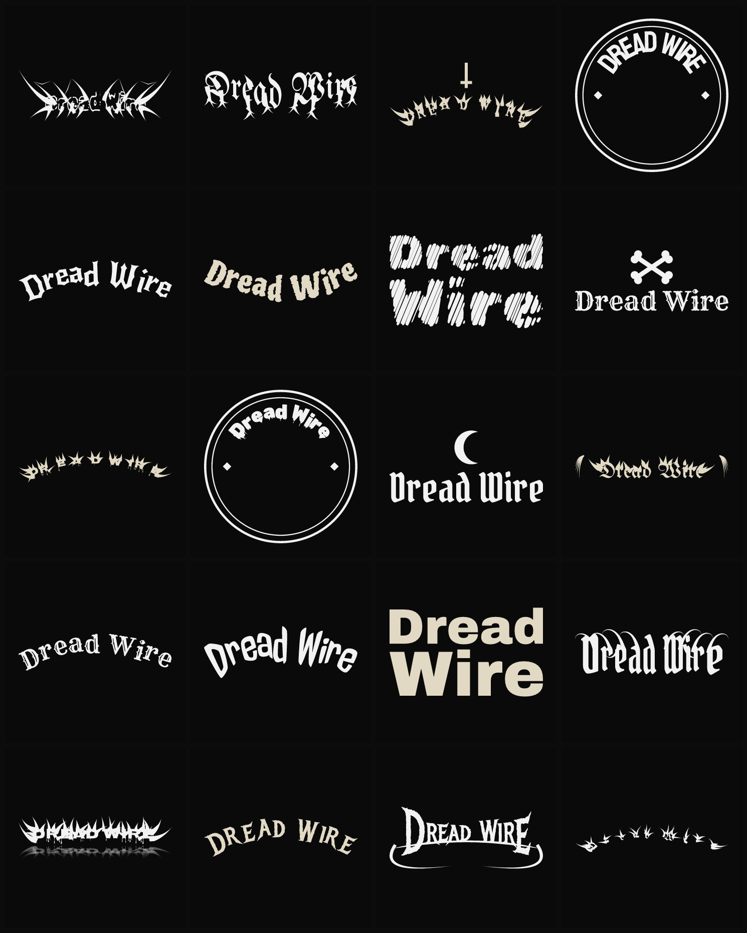 Twenty Dread Wire band logo ideas — different faces, treatments and spike settings