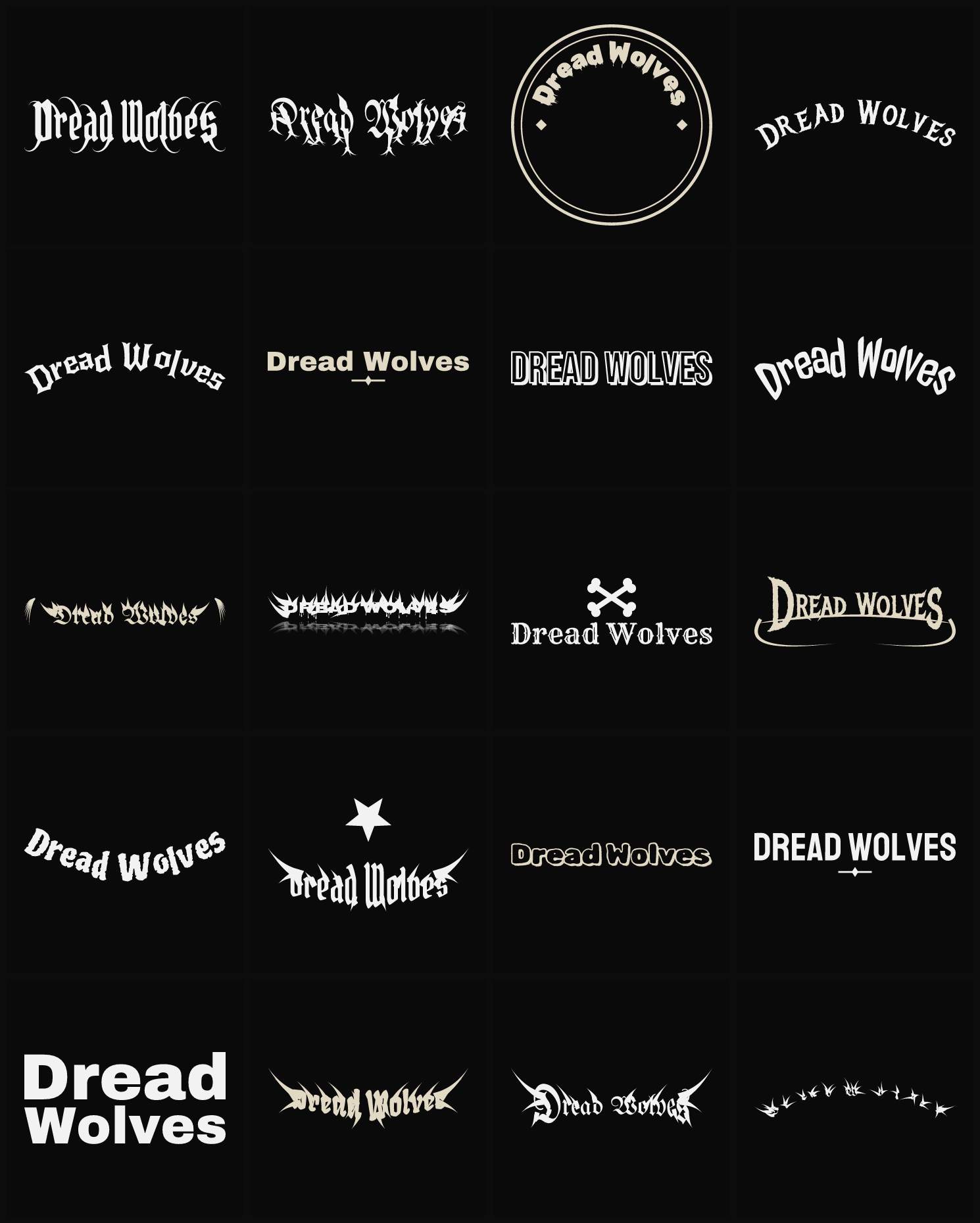 Twenty Dread Wolves band logo ideas — different faces, treatments and spike settings