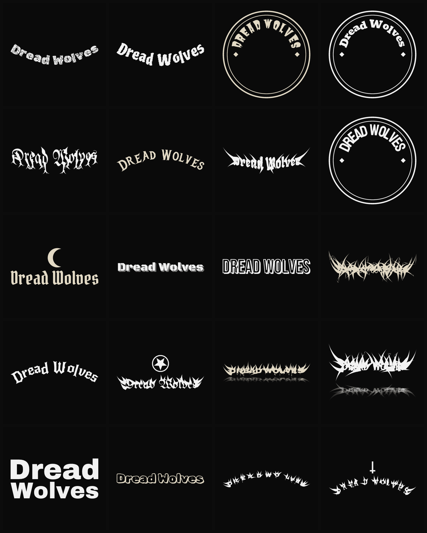 Twenty Dread Wolves band logo ideas — different faces, treatments and spike settings