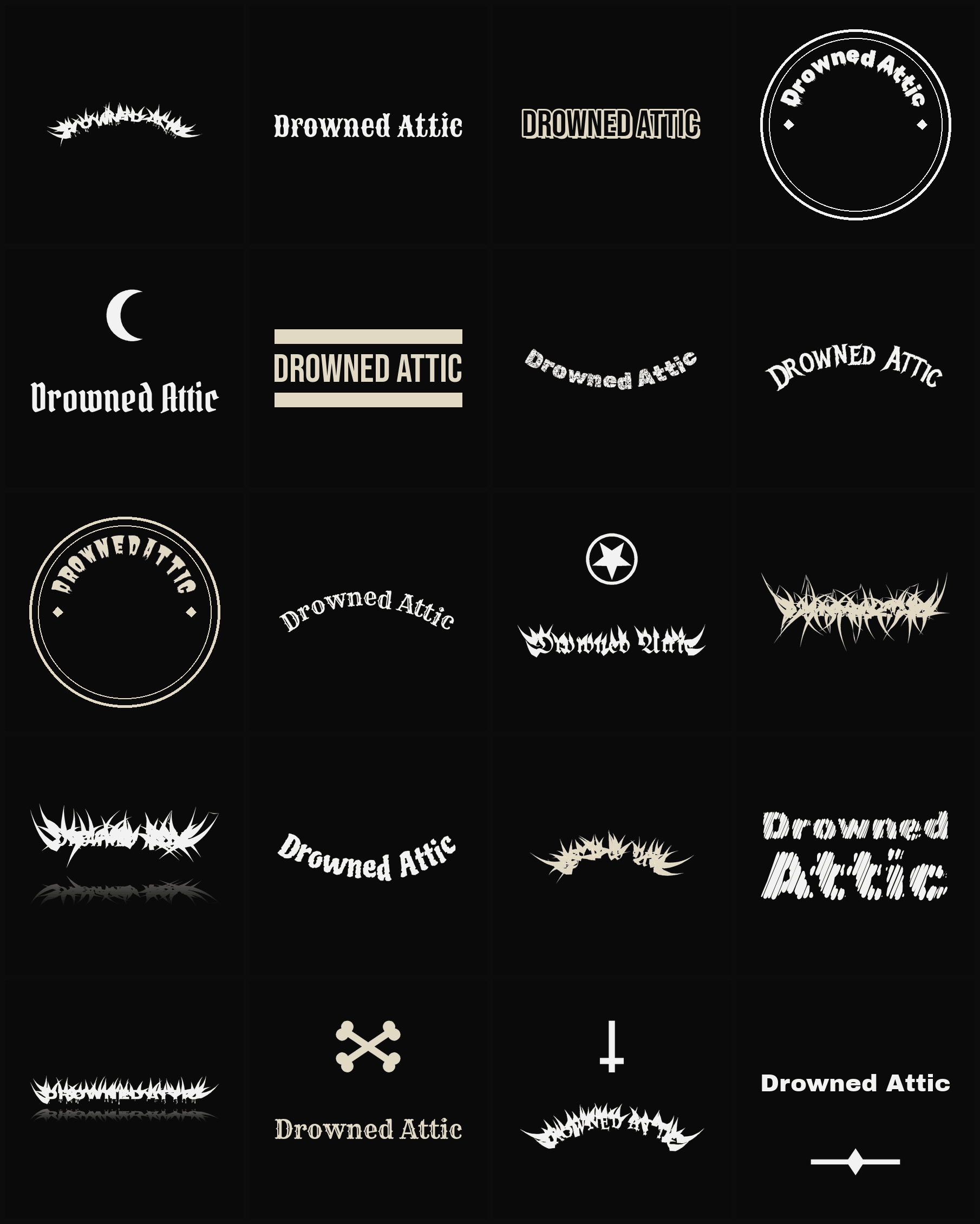 Twenty Drowned Attic band logo ideas — different faces, treatments and spike settings