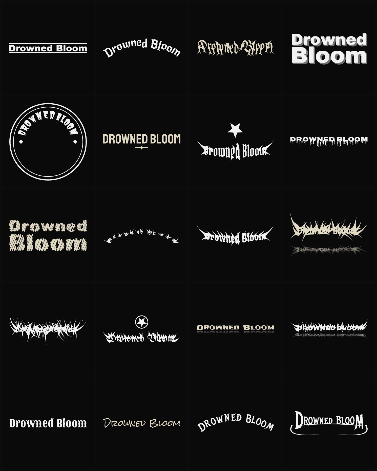Twenty Drowned Bloom band logo ideas — different faces, treatments and spike settings