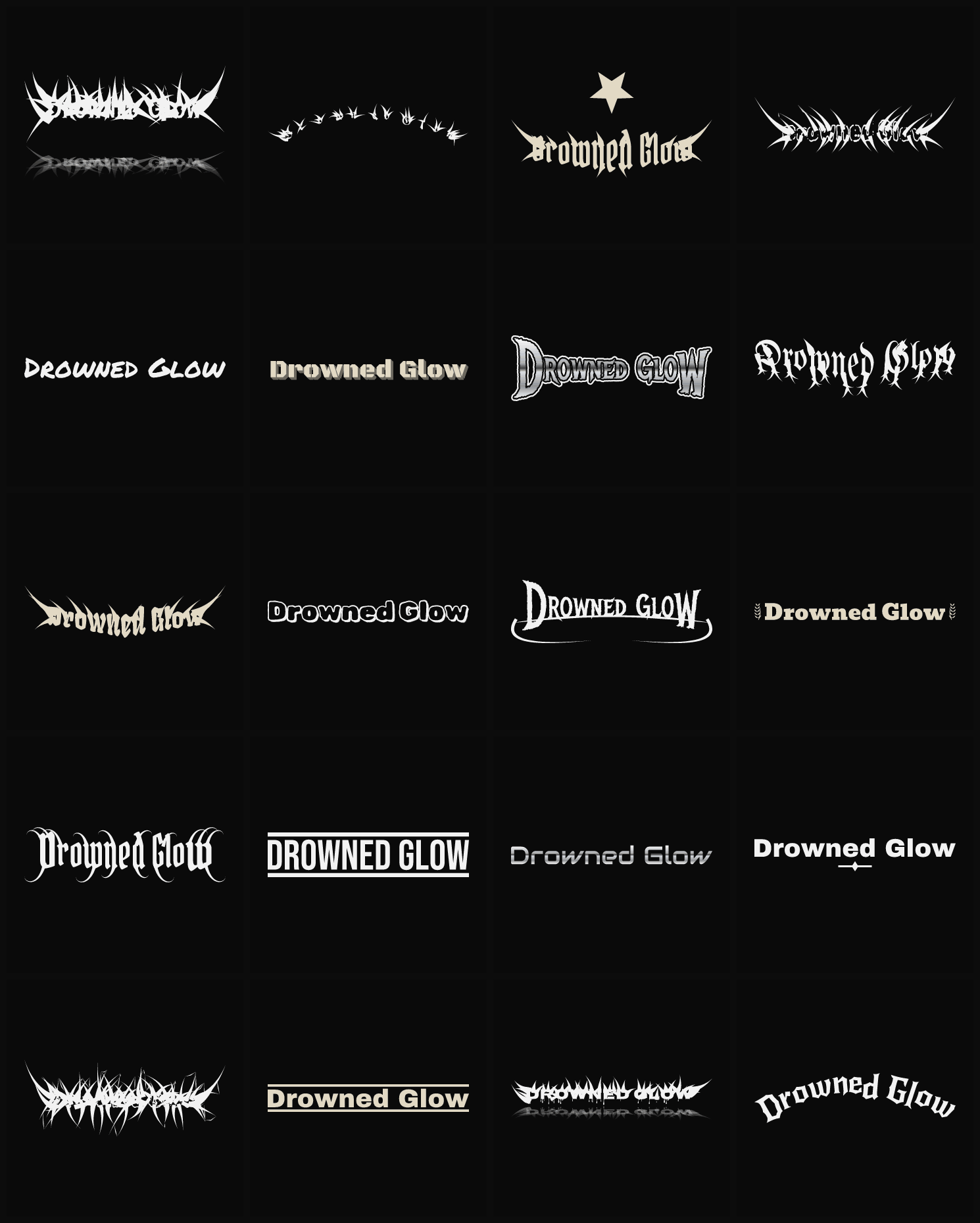 Twenty Drowned Glow band logo ideas — different faces, treatments and spike settings