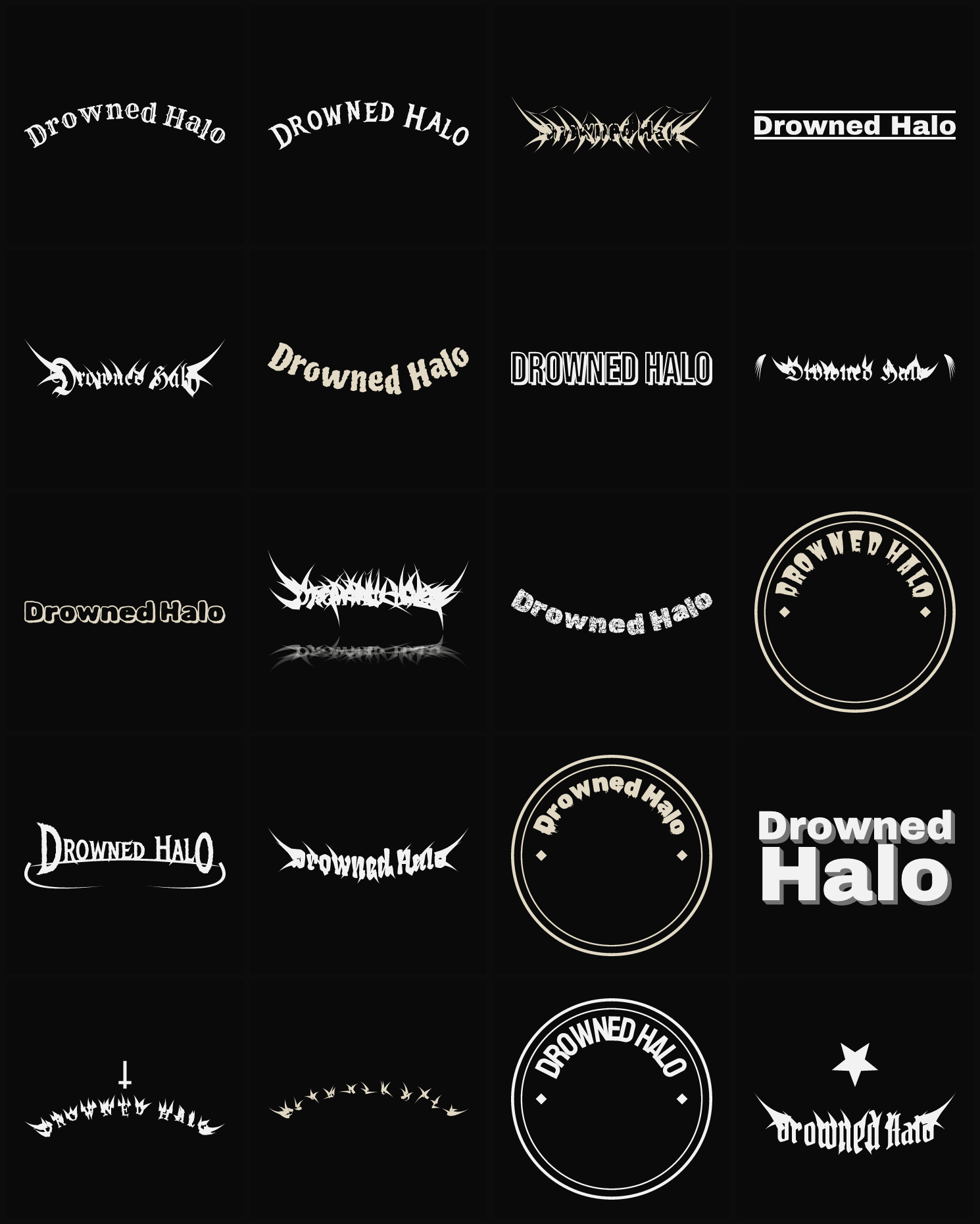Twenty Drowned Halo band logo ideas — different faces, treatments and spike settings
