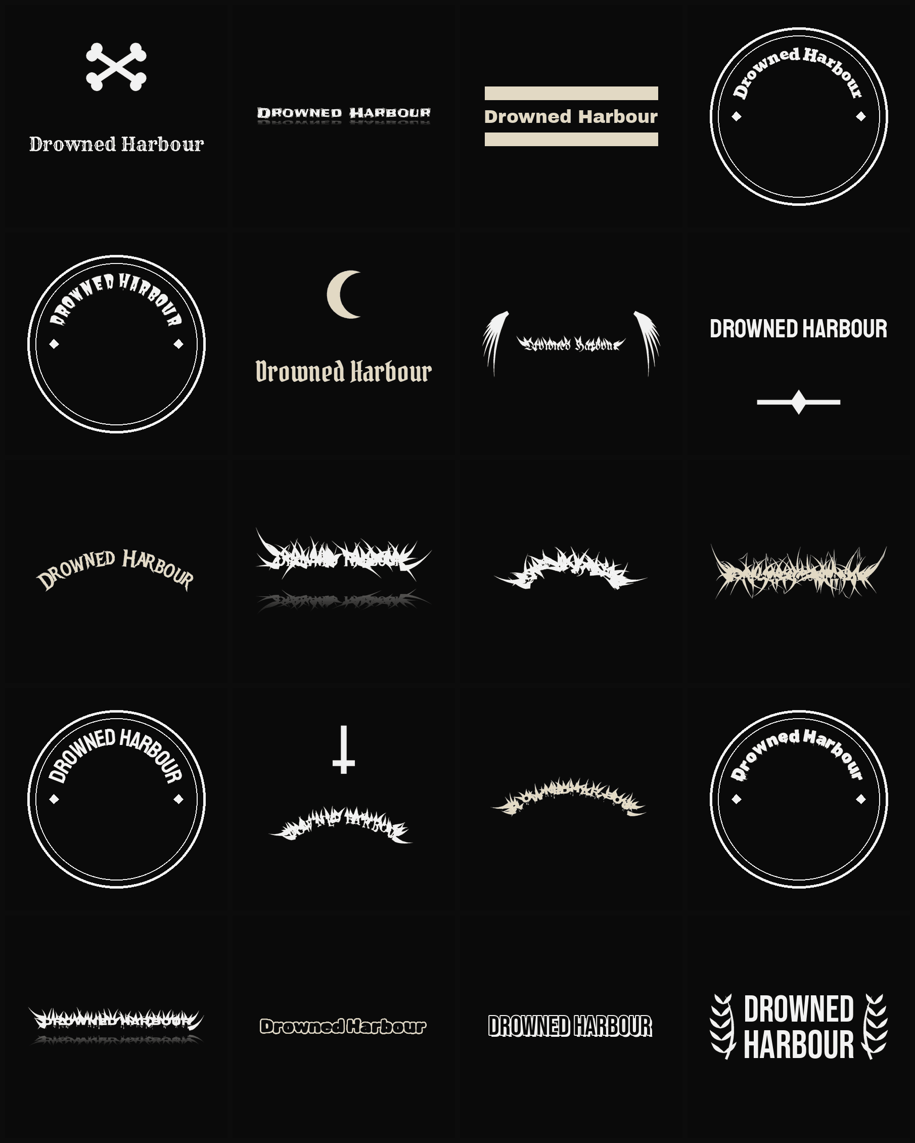 Twenty Drowned Harbour band logo ideas — different faces, treatments and spike settings